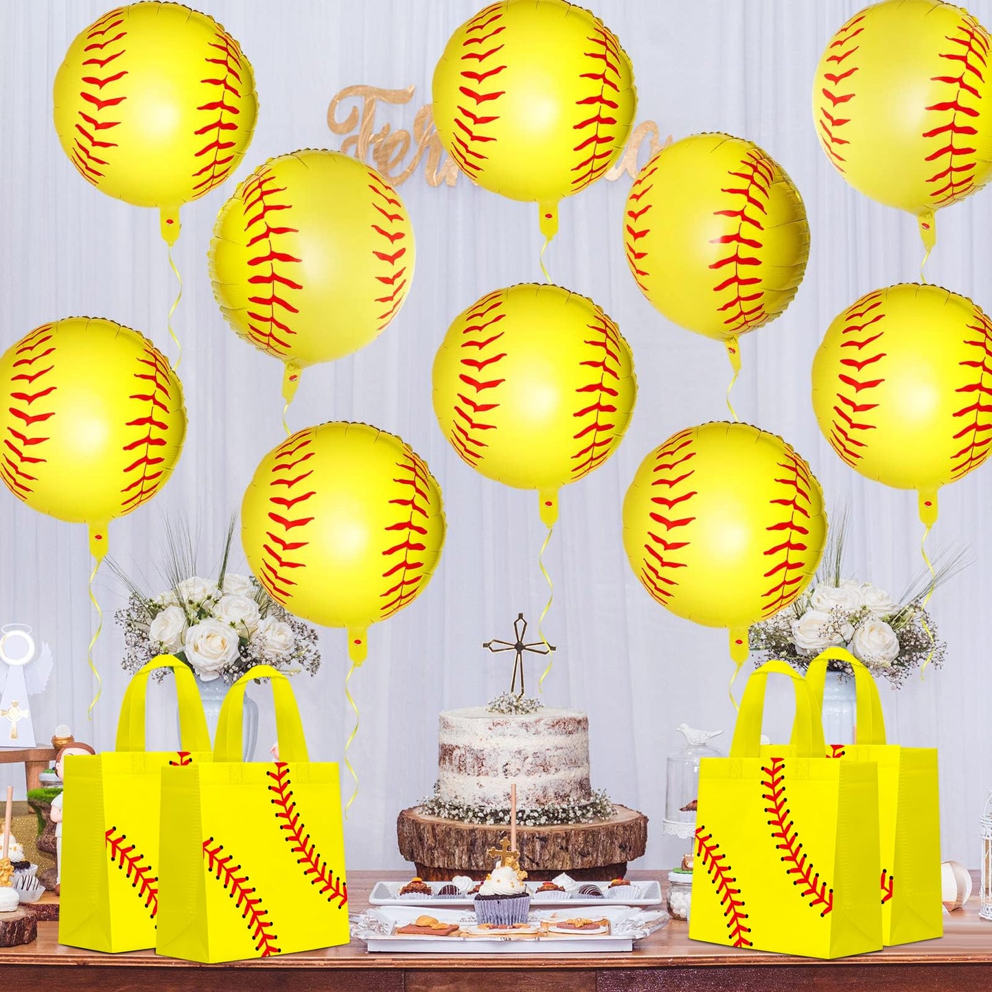 24 PCS Softball Gift Bags Sports Party Favor with Handles Reusable Softball Goodie Snack Favor Bag Non Woven Party Favor Bags for Sports Birthday Supplies