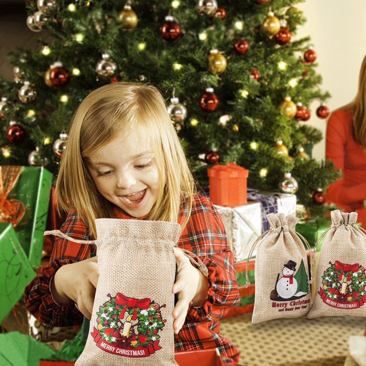 FloraSea 24 Pcs Small Christmas Gift Bags, 4x6 inches Mini Christmas Burlap Gift Bags with Drawstrings(8 Designs Styles)