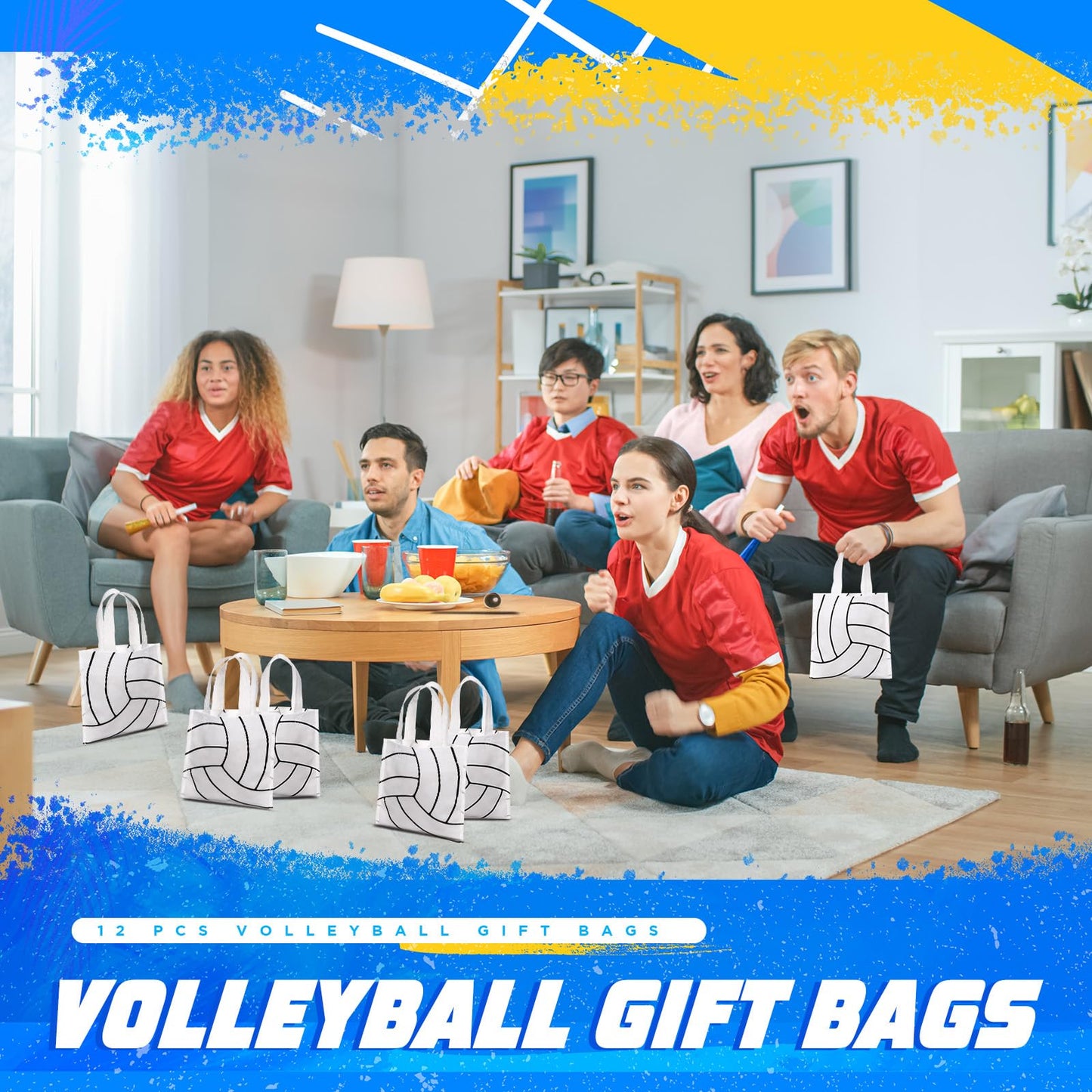 Sweetude 12 Pcs Volleyball Party Gift Bags Sports Theme Candy Goodie Bags 7.8 x 7.8 Inch Volleyball Non Woven Totes with Handles for Sports Party Favors Birthday Decor Supplies