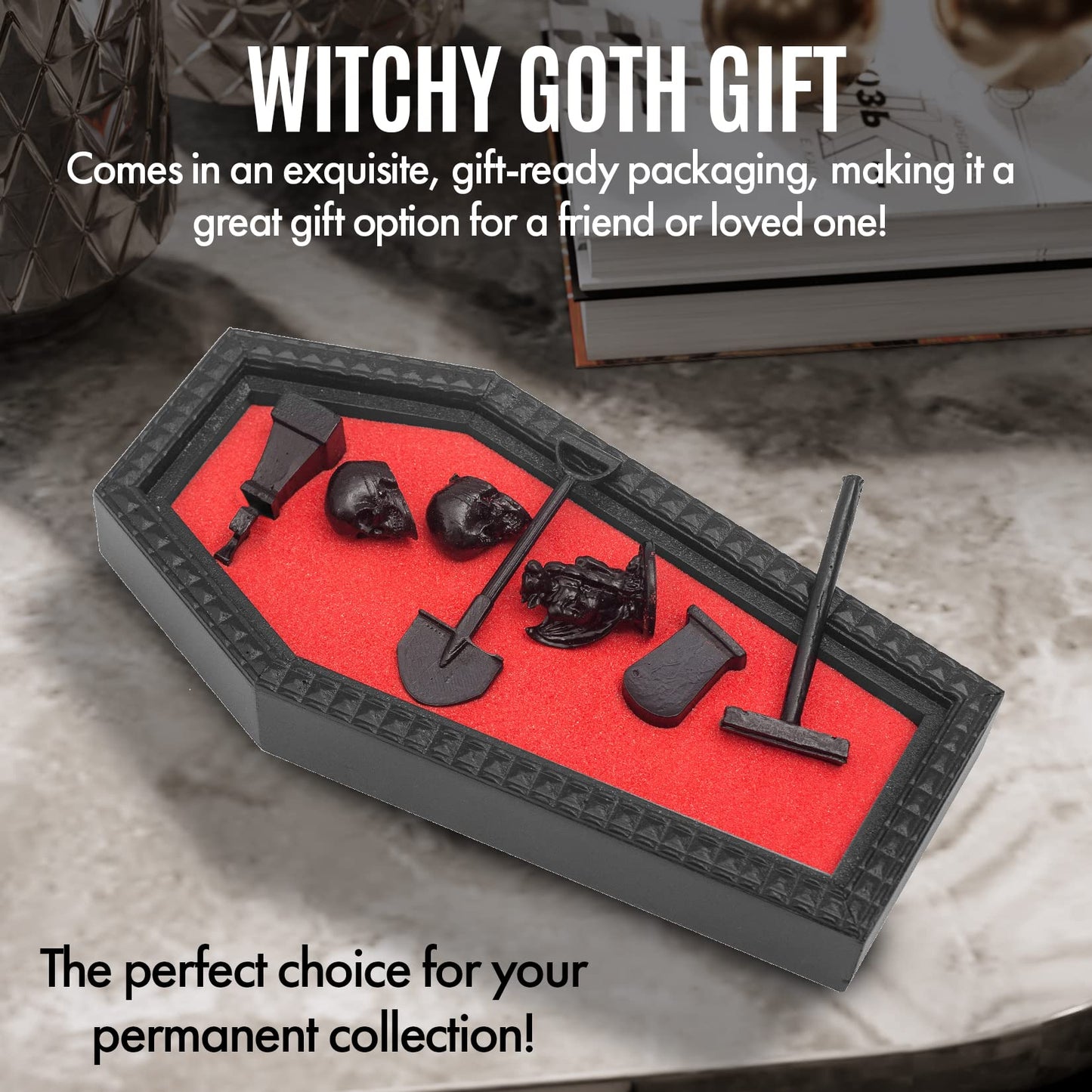 Coffin Zen Garden with Red Sand - Unique Mini Therapy Zen Garden Kit for Desk - Spooky Goth Valentines Halloween Decor Sand Garden with Skulls for Home and Office - Witchy Gifts for Women