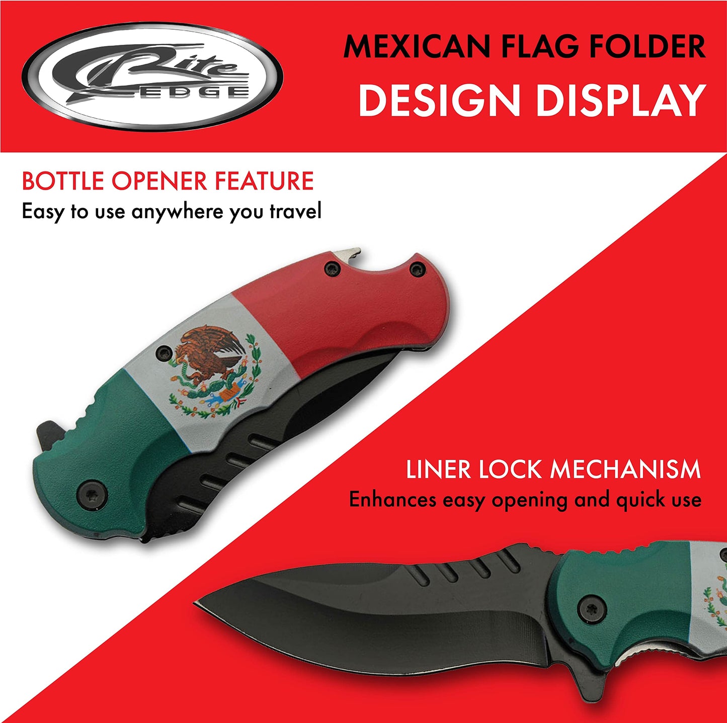 SZCO 4.75" Mexican Flag Folding Pocket Knife – Compact Everyday Carry Folding Knife with Mexican Flag Handle, 3.75" Stainless Steel Blade, Bottle Opener & Belt Clip