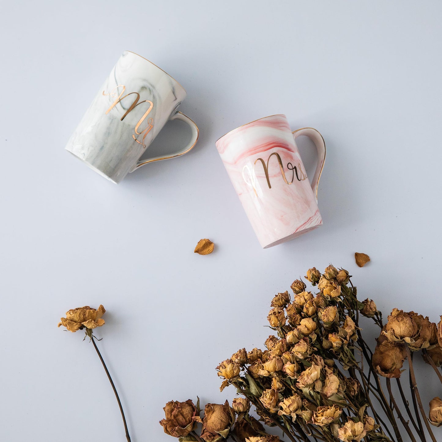 Jumway Wedding Gifts for Bride and Groom, Gifts for Bridal Shower Engagement Wedding and Married Couples Anniversary - Ceramic Marble Coffee Mugs with Real Gold Mr/Mrs Letters 14 Oz Pink
