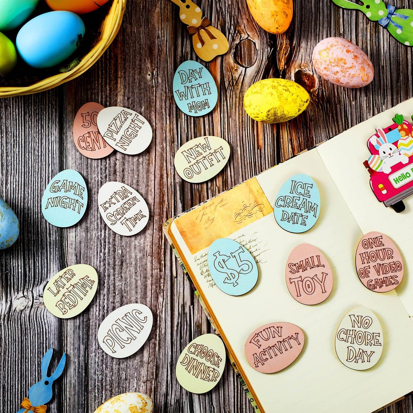 Menkxi 30 Pack Wooden Easter Egg Tokens Basket Stuffers Easter Reward Tokens with 30 Different Engraved Sayings Eggs Filled Activity for Teens Adults