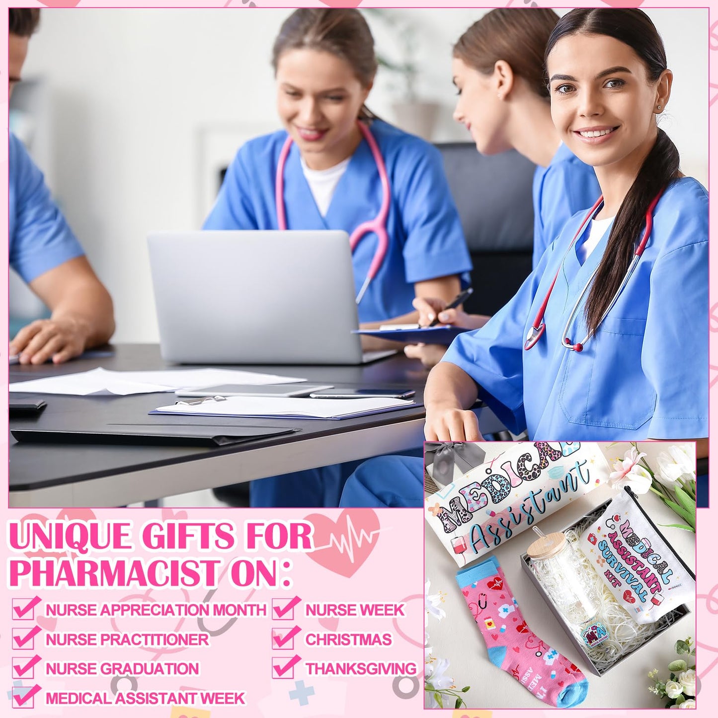 Mimorou 6 Pcs Medical Assistant Gift Set for Women Canvas Tote Bag Cosmetic Bag 16oz Glass Cup Pink Glitter Badge Reel Novelty Socks Unique Appreciation Gifts for Medical Assistants Nurse Week