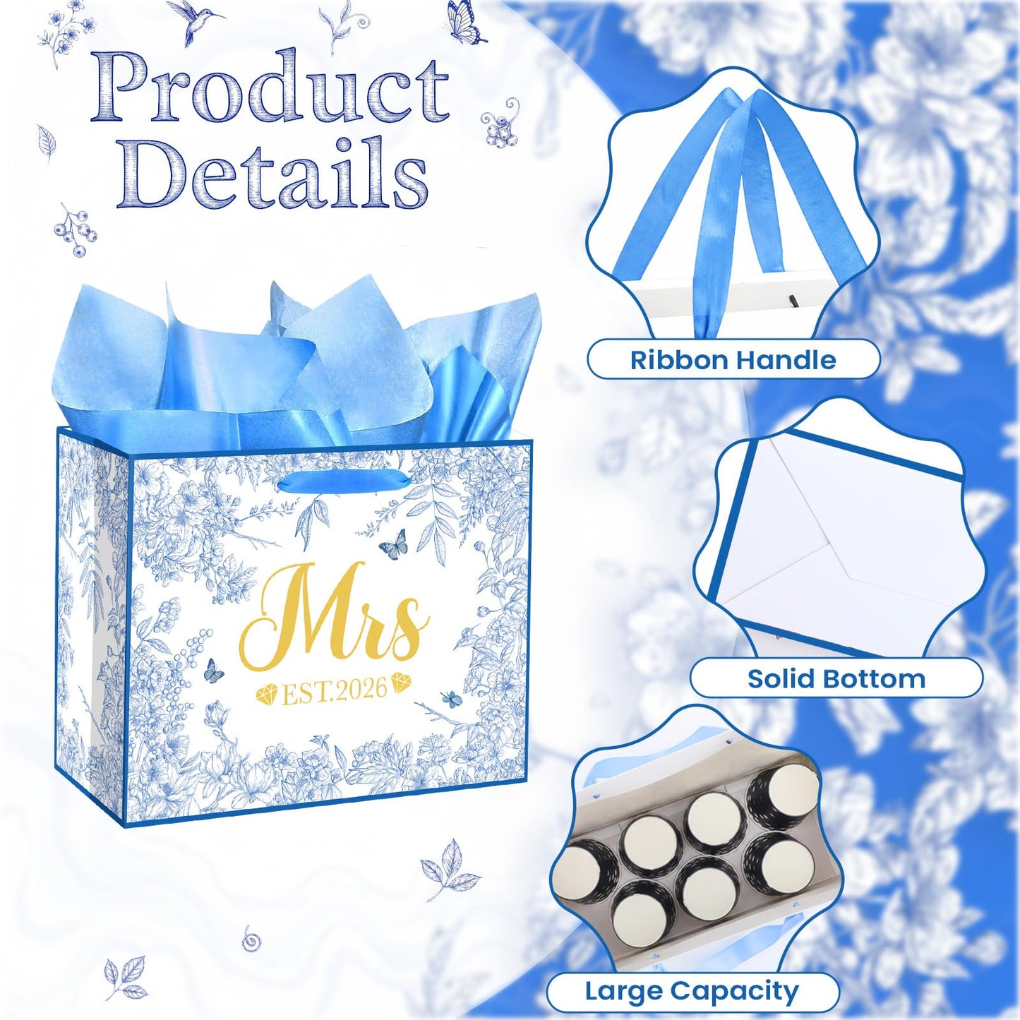 Woosytoo EST 2026 Mrs Bride Gift Bag Blue Bridal Shower Gift Bag with Tissue Paper and Card Mrs 2026 Wedding Gift Bag for Butterfly Bridal Shower Bachelorette Party Engagement Decor Supplies