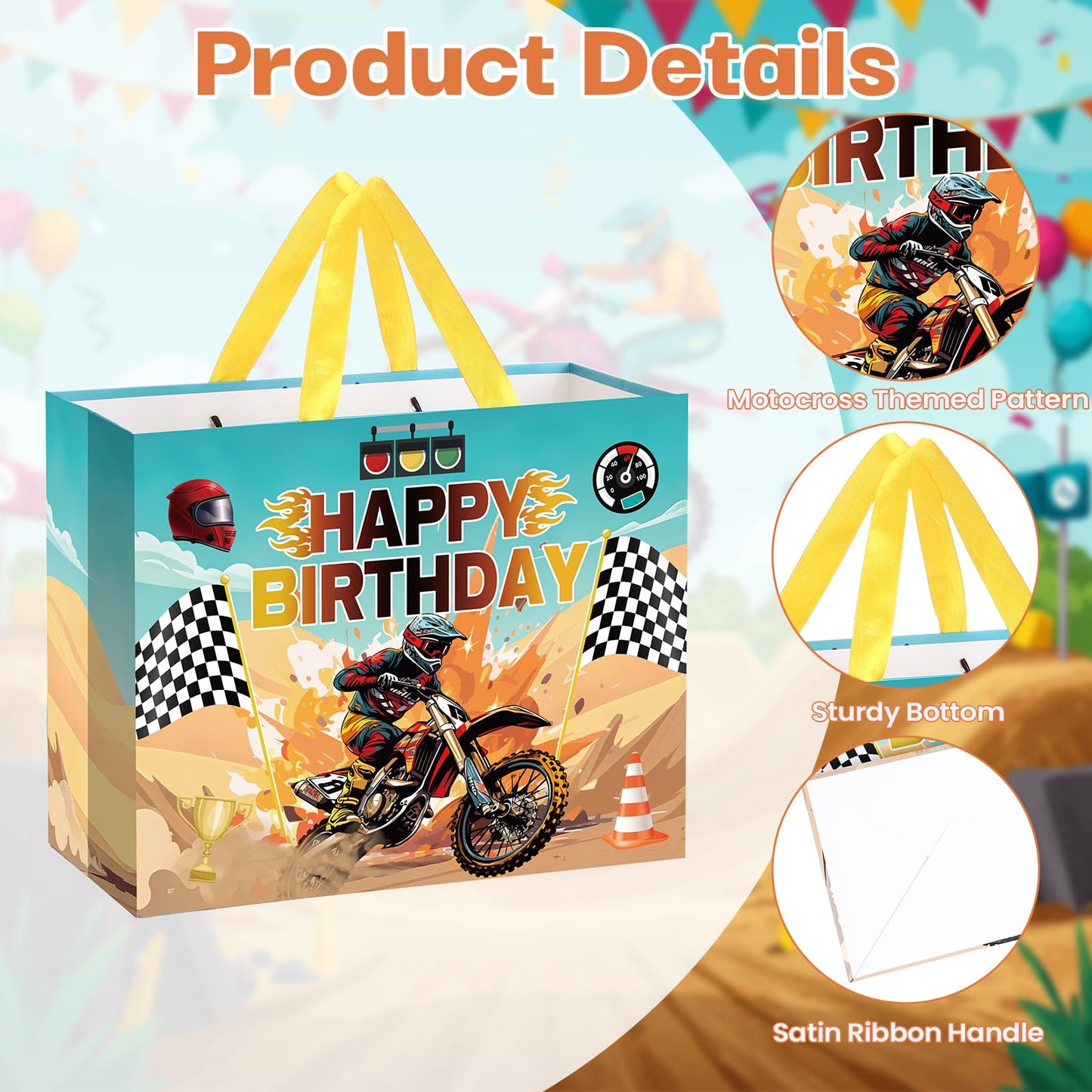 Woosytoo Dirt Bike Birthday Gift Bag for Boys Motorcycle Birthday Party Bag with Tissue Paper and Card Motorcycle Bday Party Decorations for Dirty Bike Bday Funny Games Party Supplies