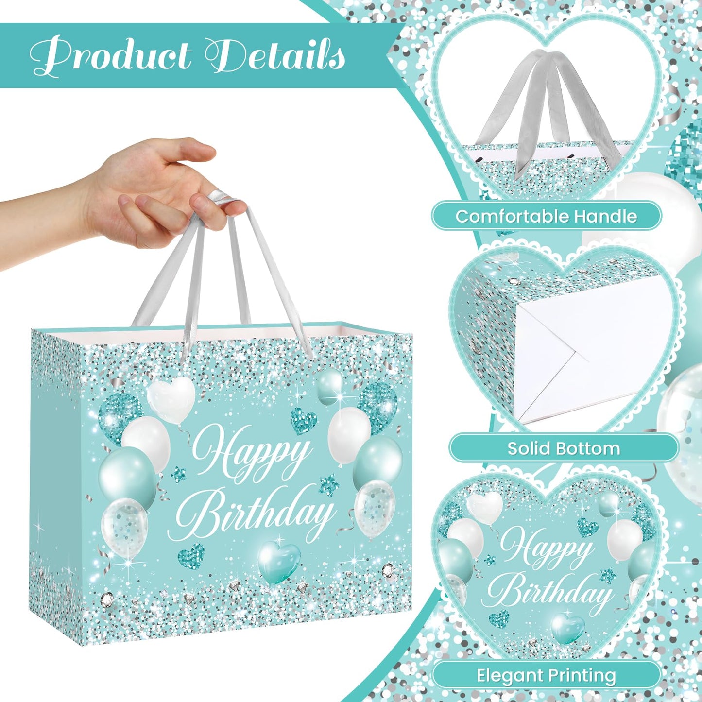 Teal Birthday Gift Bag for Girls Women Turquoise Birthday Gift Wrap Bag with Handle Teal Wrapping Paper Greeting Card for Kids Baby Shower Anniversary Turquoise Party Favors Decorations Supplies