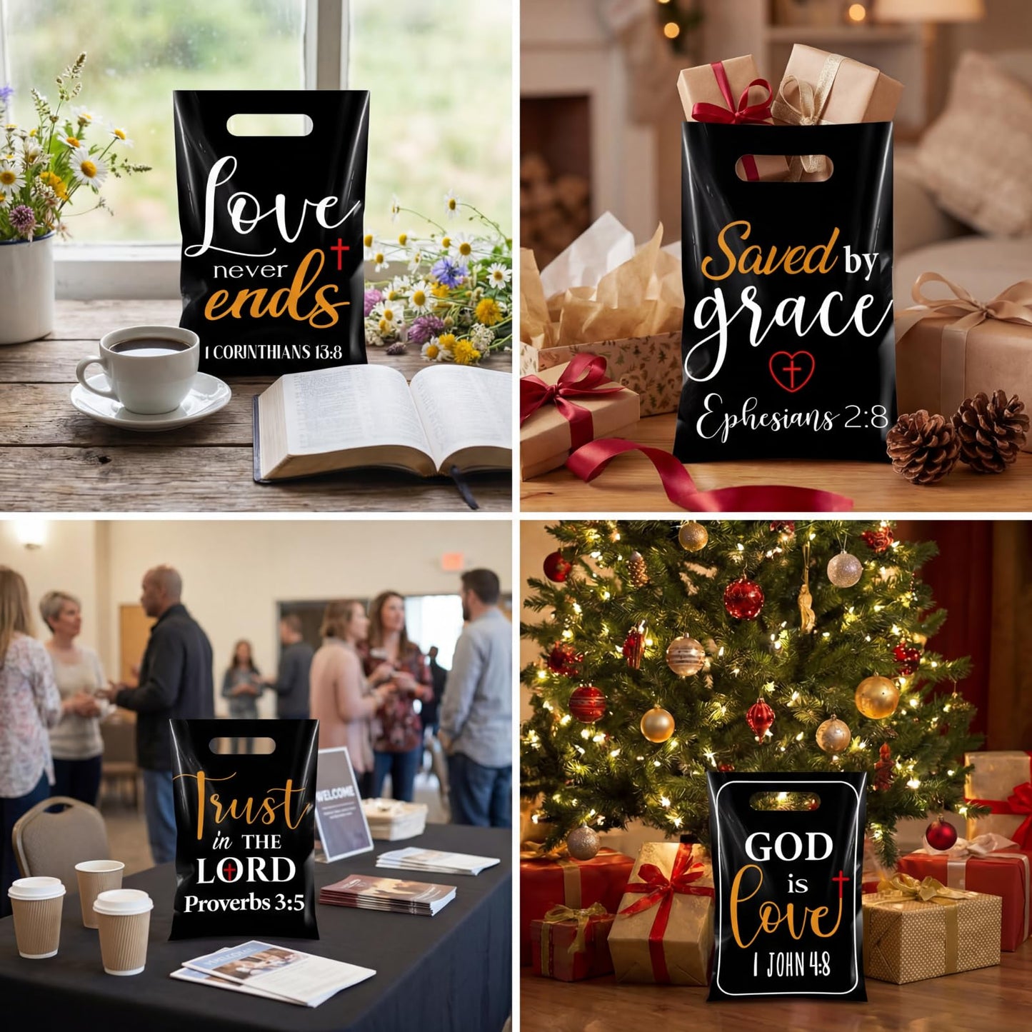 Pasimy 100 Pcs Christian Gift Bags Bulk 6.7 x 9.8 In Plastic Bible Verse Religious Goodie Bags Inspirational Scripture Treat Candy Party Favor Pouch for Church Jesus Birthday Gifts(Black,Elegant)