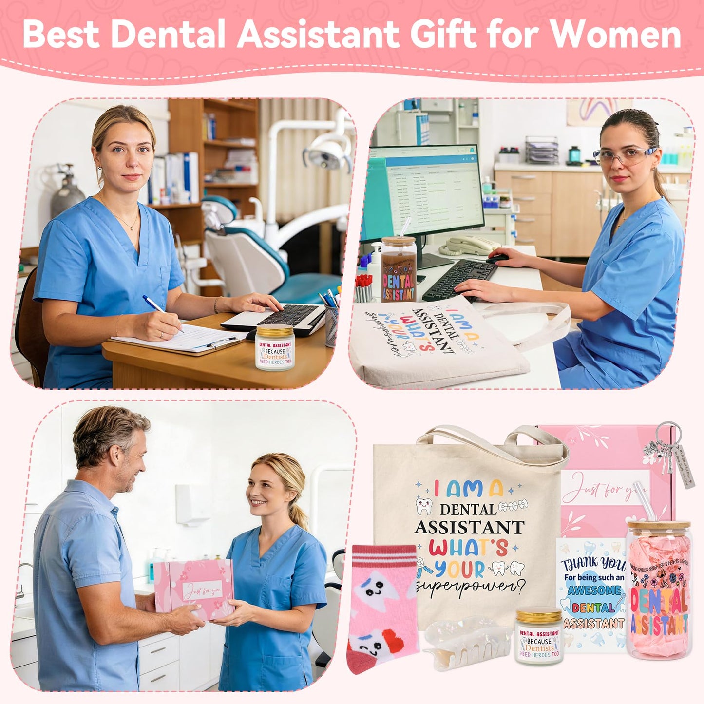 Dental Assistant Gifts for Women Unique Dentist Gifts Funny Dental Hygienist Gift Including Glass Cup Socks Canvas Tote Bag Keychain for Birthday Christmas