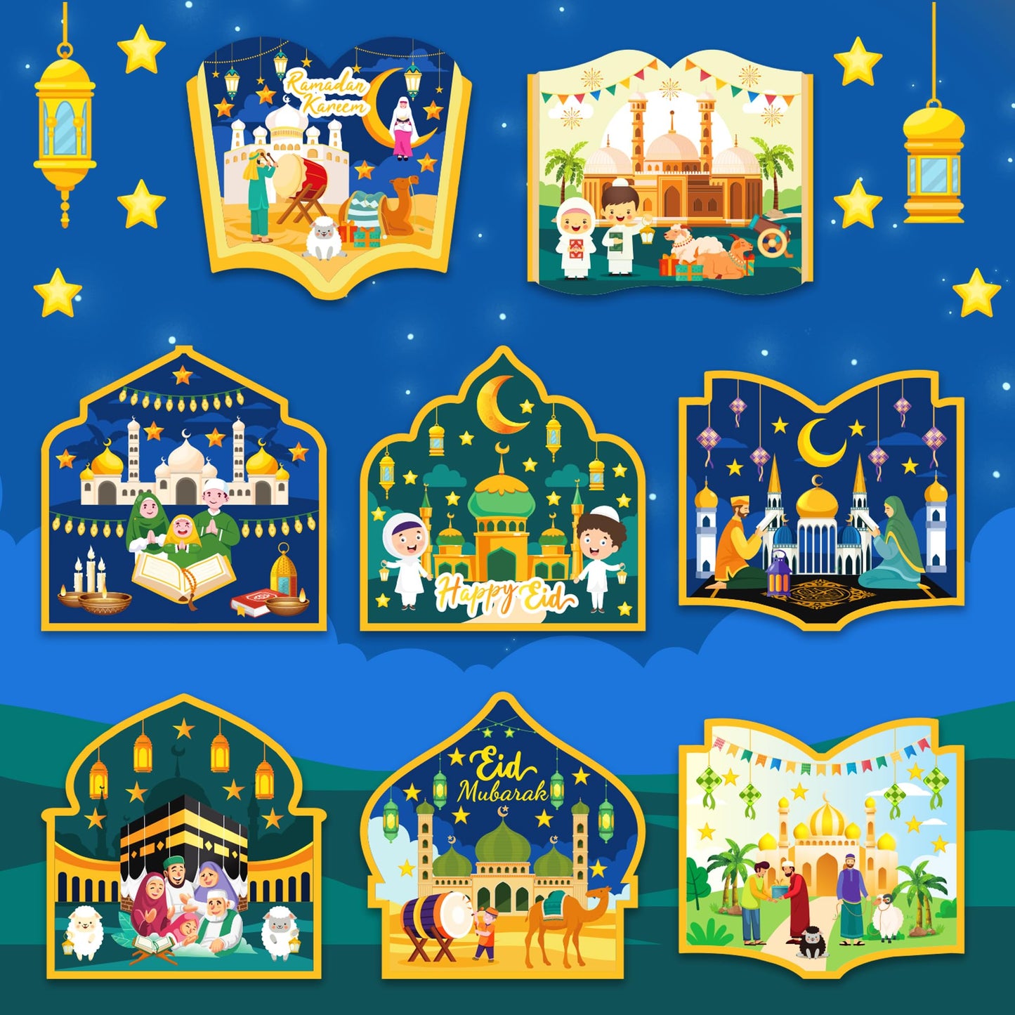 Eid Mubarak and Ramadan Kareem Craft Kit - 48 PCS DIY Mosque Scene Stickers for Kids, Create Your Own Religious Label Decal, Hanging Ornament Set for Eid Al-fitr Classroom Party Favor Goodie Supplies