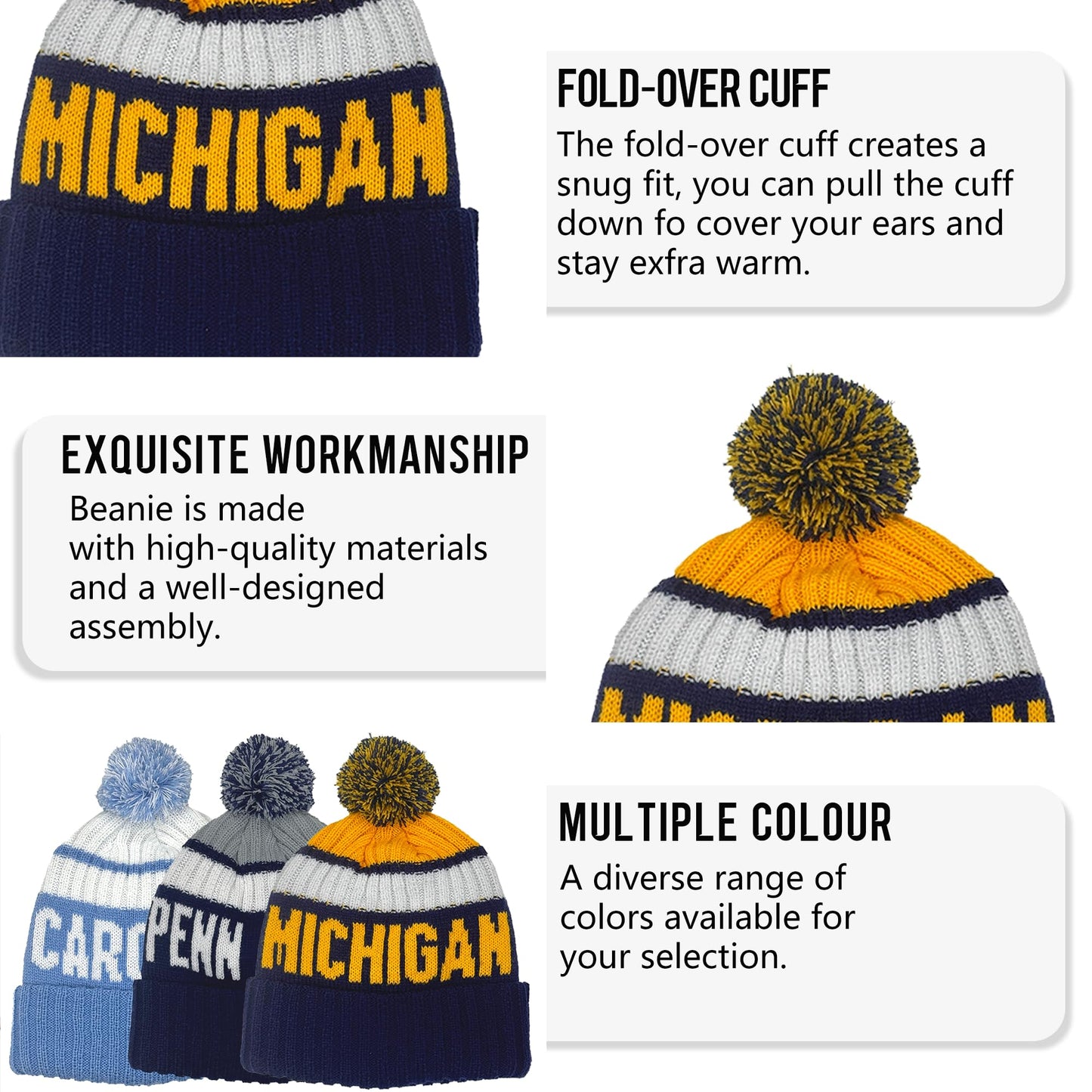 Beanie Knit Hat with Pom Winter Cuffed Cap Sport Fans Gift for Men Women