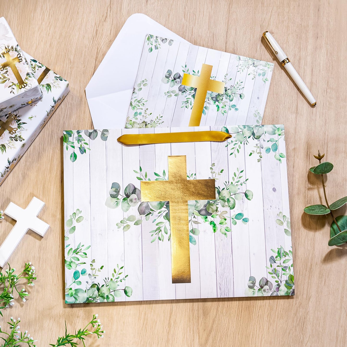 WRAPAHOLIC 13" Large Religious Gift Bag with Card and Tissue Paper - Gold Foil Eucalyptus Cross Design for First Communion, Easter, Baby Baptisms, Christenings