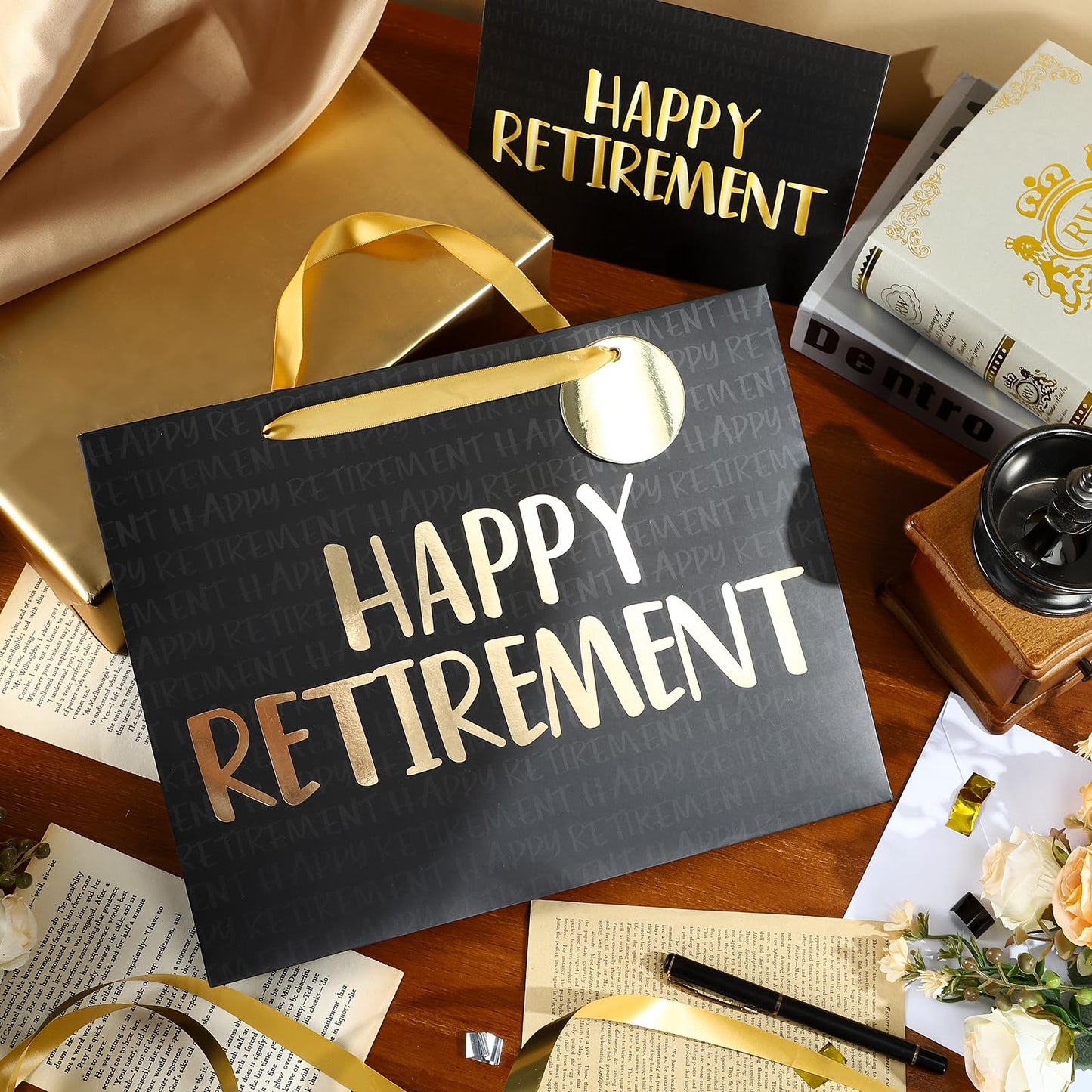 WRAPAHOLIC 13" Large Retirement Gift Bag with Card and Tissue Paper - Black Gold Happy Retirement Lettering