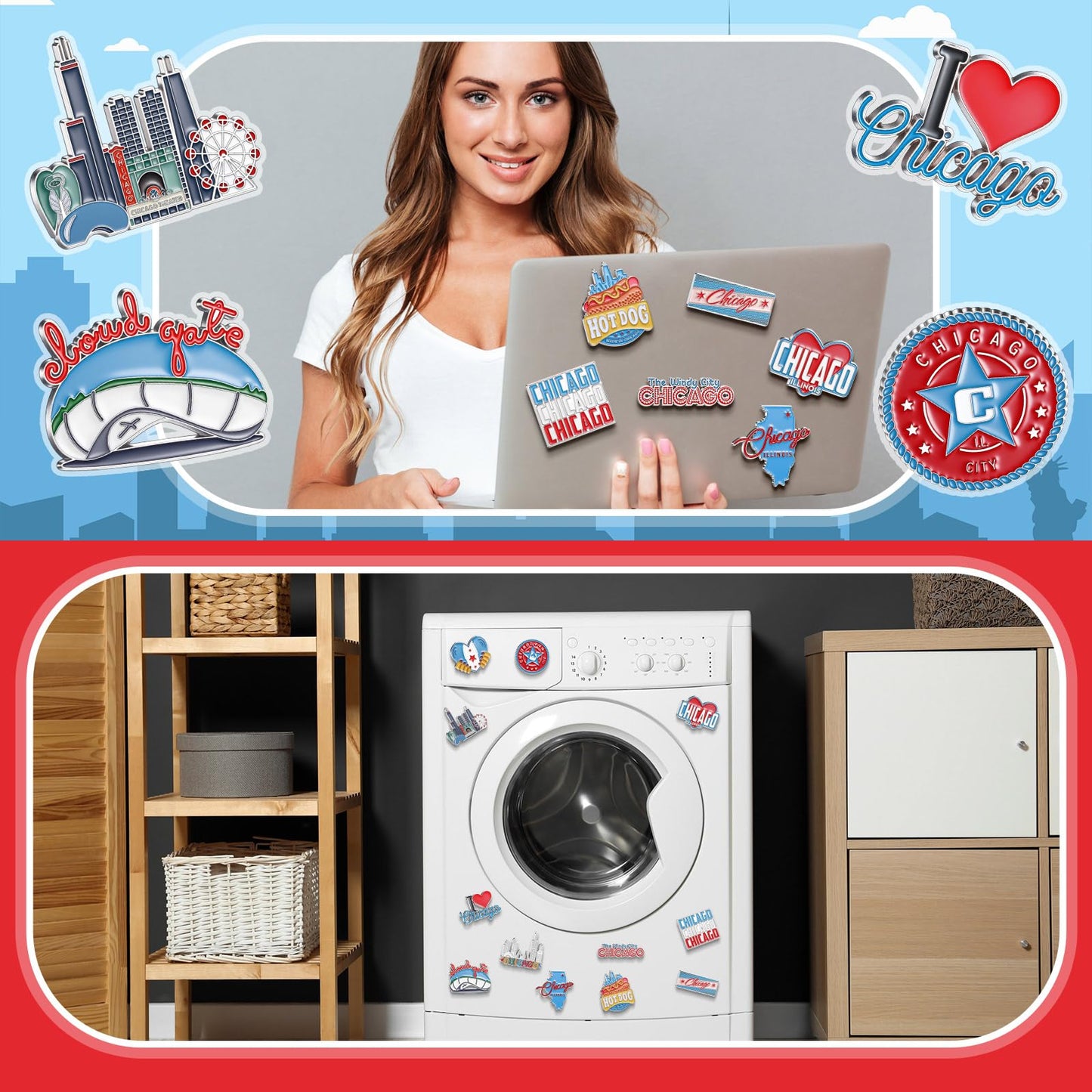 Konohan 12 Pcs Chicago Magnets for Refrigerator Metal USA Fridge Magnet Magnetic Chicago Souvenirs Gifts USA City Magnetic Refrigerator Stickers, Cloud Gate, Hot Dog