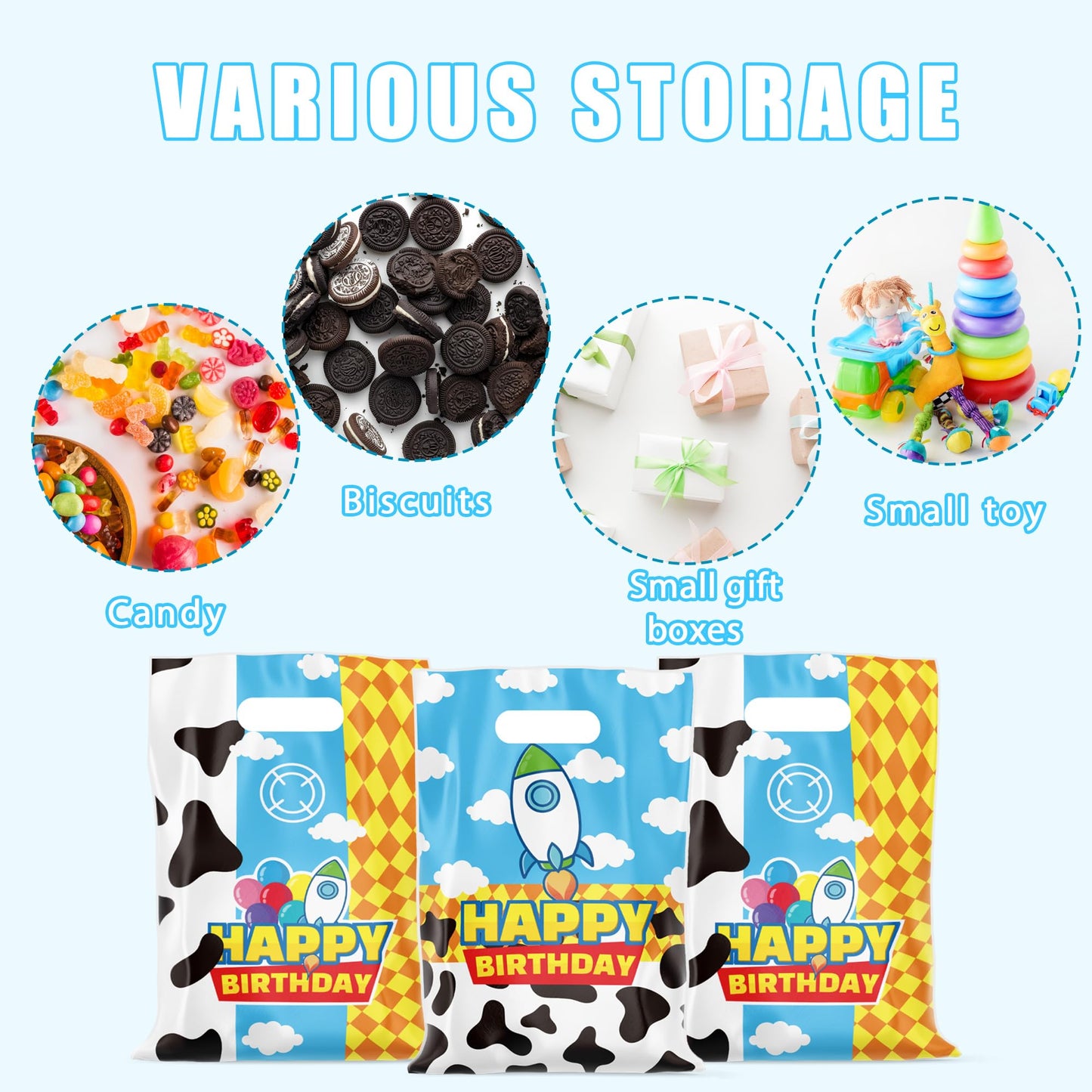 CHENRINDECO 50Pcs Cartoon Story Goodie Bags Cow Pattern Birthday Party Favor Bags Blue Sky White Cloud Plastic Bags with Handle for Toy Themed Birthday Party Supplies