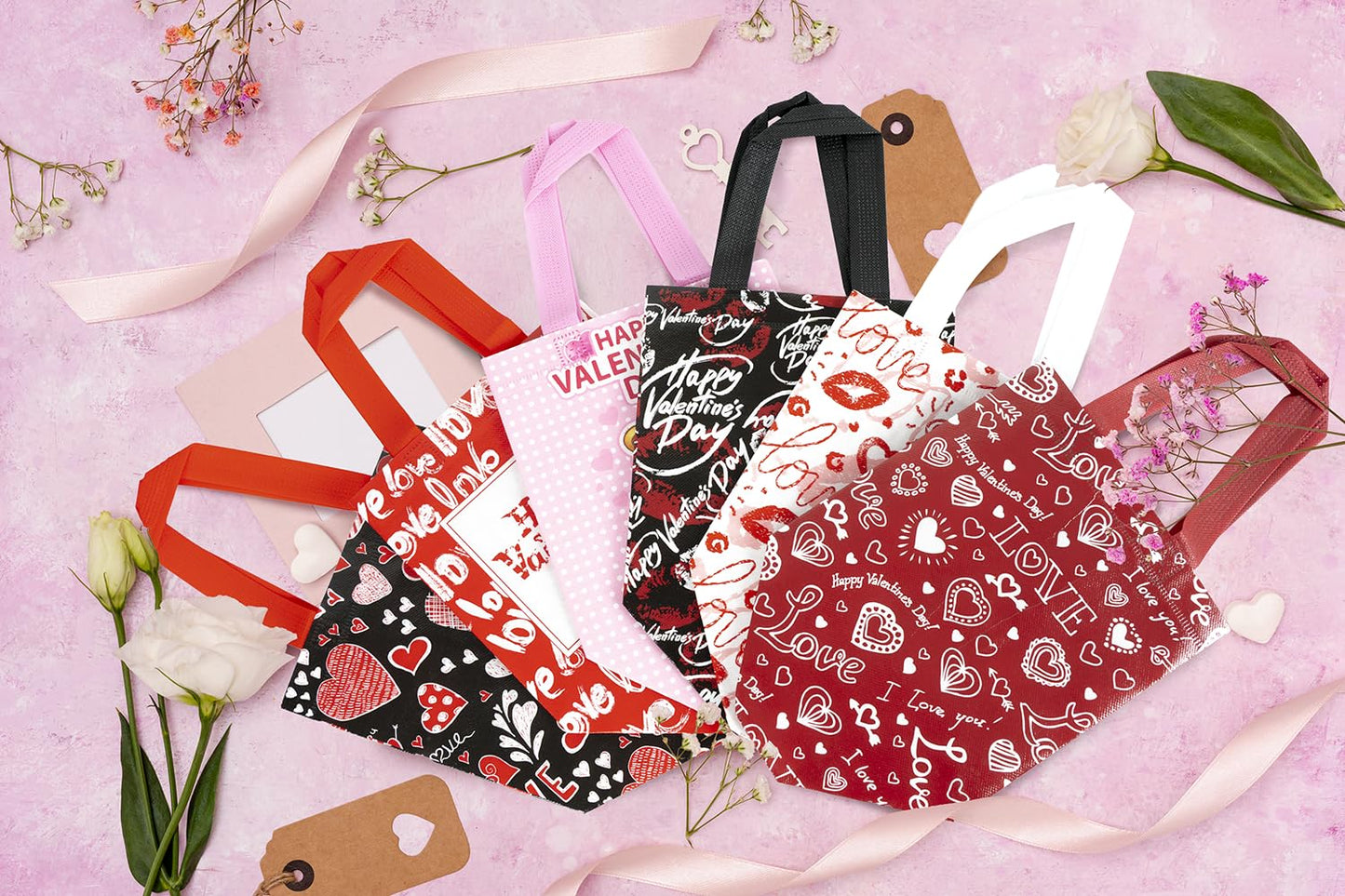 JWSCYSY 12Pack Happy Valentine's Day Reusable Tote Bags, Non-Woven Valentines Gift Bags with Handles for Valentine Party Favor, Gift Wrapping.
