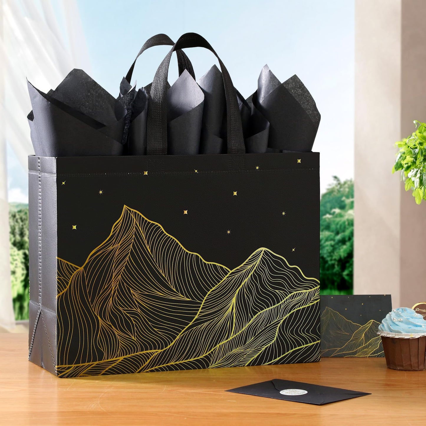 STYPOP 13" Large Gift Bags with Tissue Paper, 2 Pack Reusable Non-woven Happy Birthday Gift Bag with Handles, Perfect Gifts for Men & Women (Black, Blue).