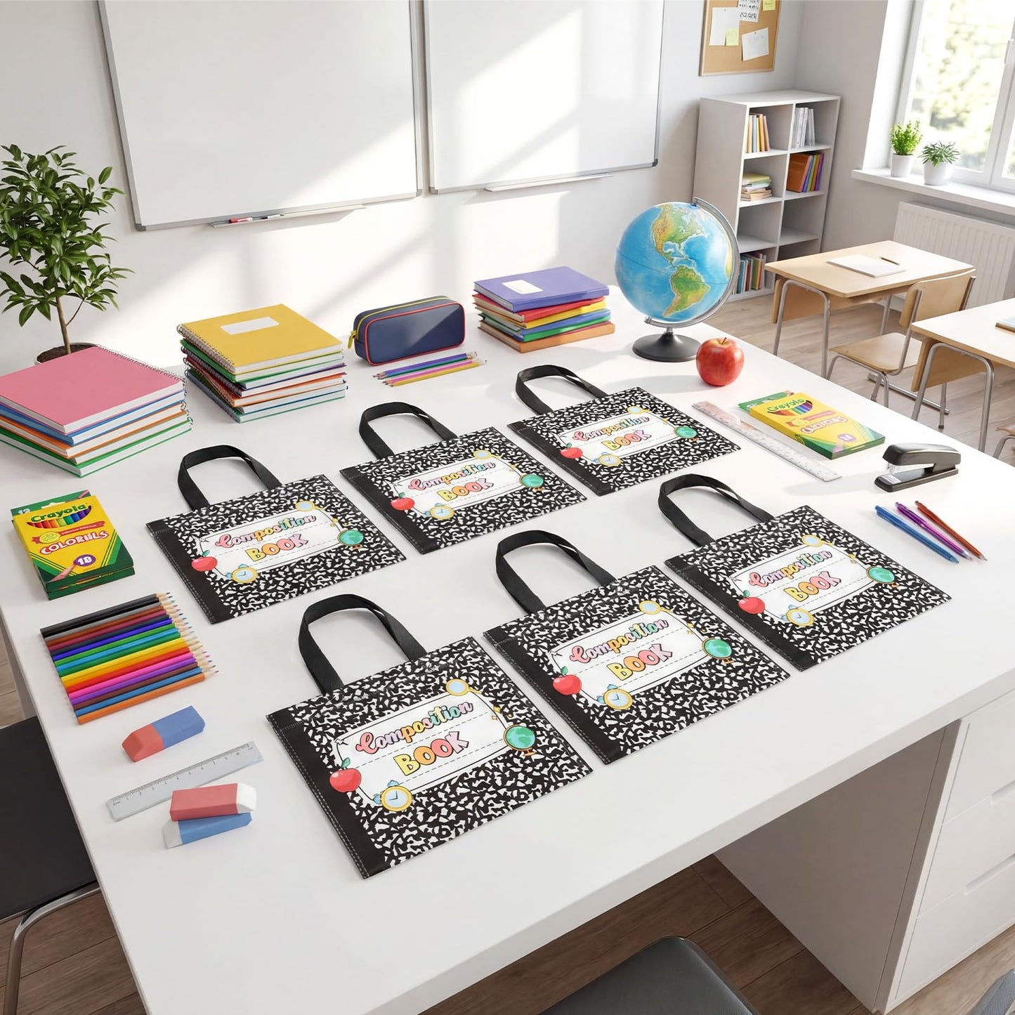 Cosblank 24 Pcs Teacher Appreciation Gift Bags Composition Notebook Non Woven Back to School Gift Bags with Handle Candy Treat Thank You Party Favors Supplies for Graduation Wrapping Supplies