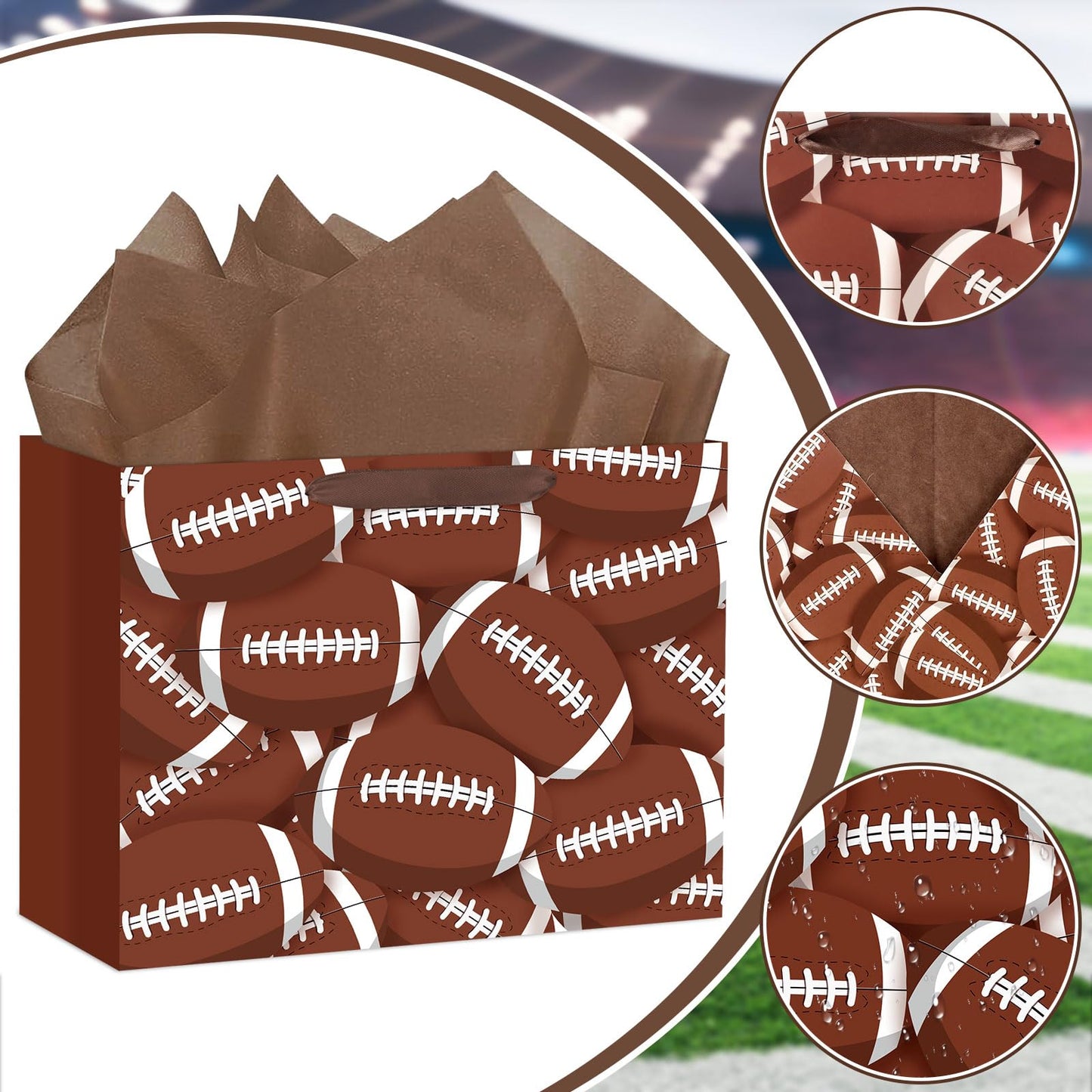 Hooqict Large Football Gift Bag Football Birthday Party Gift Wrapping Bag with Handles, Tissue Paper and Greeting Card for Boys Men Sport Themed Goodie Treat Party Favors