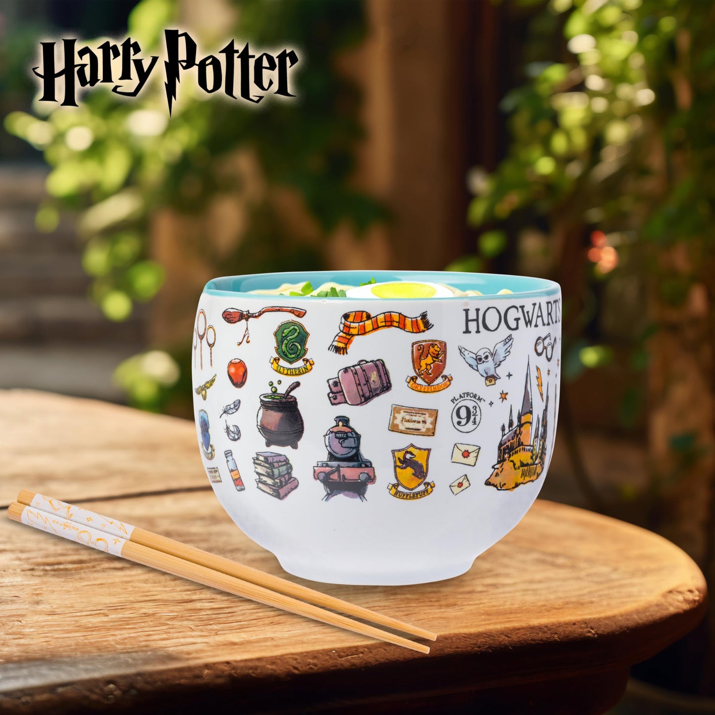 Silver Buffalo Harry Potter Icons Ceramic Ramen Noodle Rice Bowl with Chopsticks, Microwave Safe, 20 Ounces