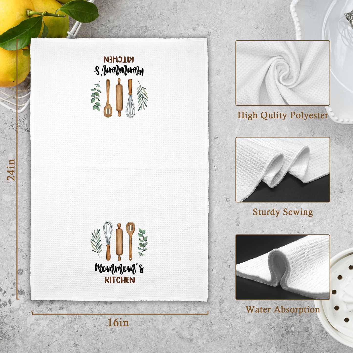Mommom's Kitchen Towels Gifts, Grandma Mom Christmas Bathroom Hand Towels Gifts for Mommom Birthday Mother's Day, Rustic Eucalyptus Leaf Tea Dish Towel Decor 16x24in