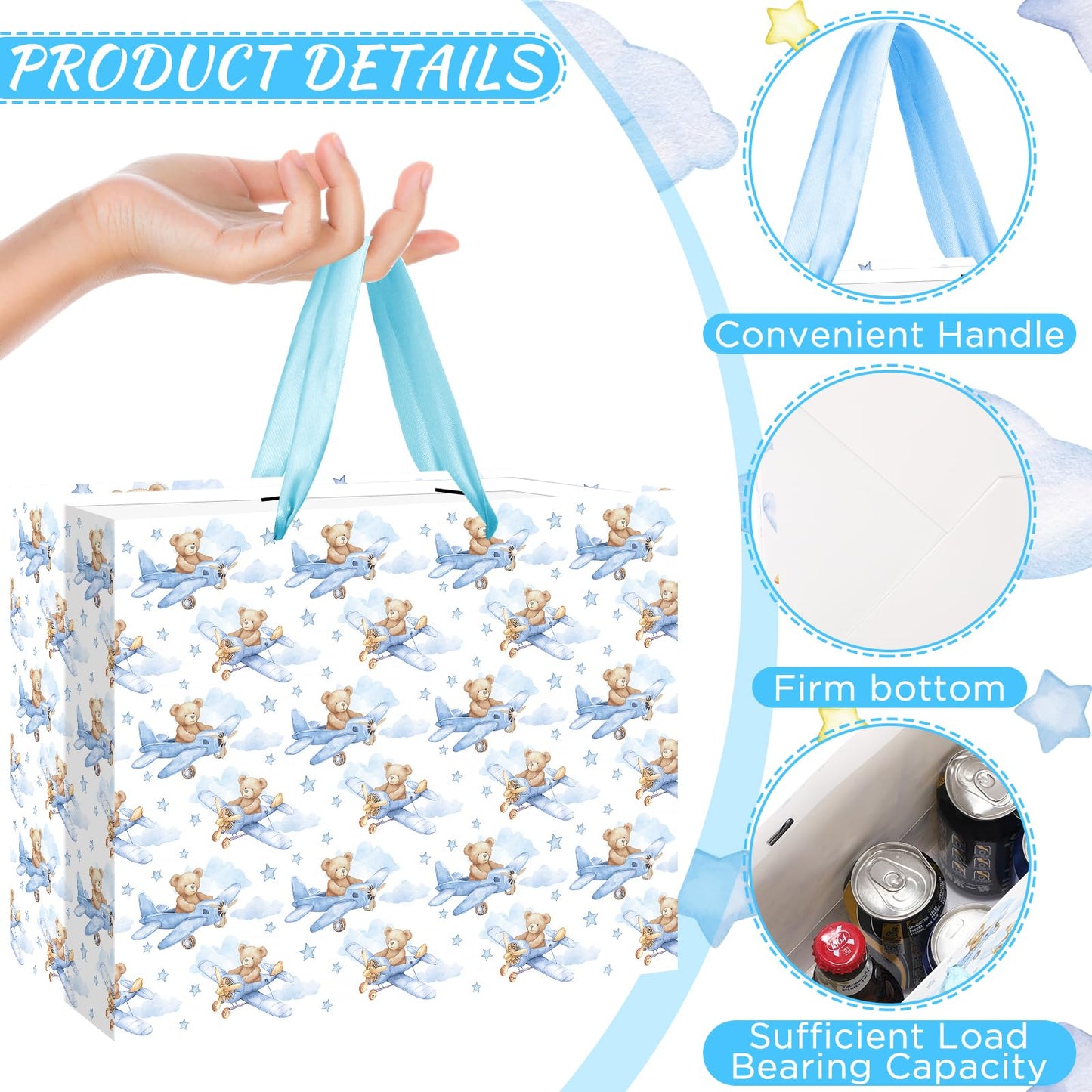 Baby Boy Gift Bag Baby Shower Bags for Boys Kids Blue Bear Wrapping Paper Bag with Handle Tissue Paper and Greeting Card for Kids Birthday Party Decorations Newborn Celebration Favors