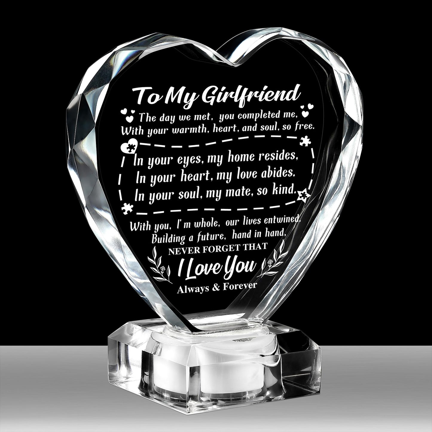 Unique Gifts for My Girlfriend, Love Crystal Gift for Girlfriend Christmas Day Birthday, Engraved Crystal Heart with Rechargeable Color-Changing LED Base, Perfect Christmas Gifts (Girlfriend)