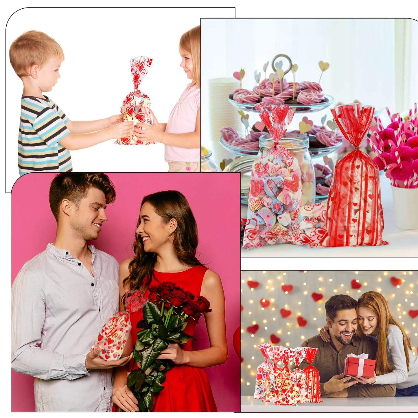 Valentine Treat Bags, 100 Pcs Valentines Cellophane Bags, Plastic Clear Red Valentine Candy Cookie Gift Goodie Snack Bag with 100 Pcs Twist Ties for Valentines Wedding Party Favor Supplies, 5 Styles