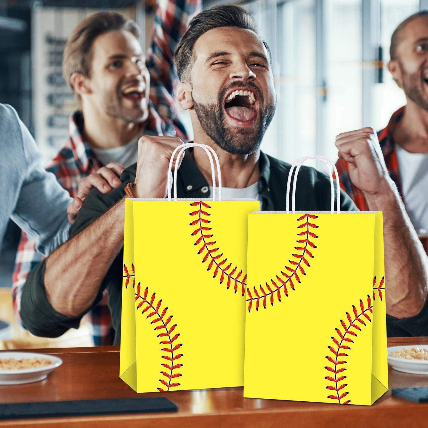 MIMIND 16 Pack Softball Gift Bags with Handles Paper Party Favor Goodie Bags Softball Treat Bags for Birthday Game Day Sport Themed Party Supplies