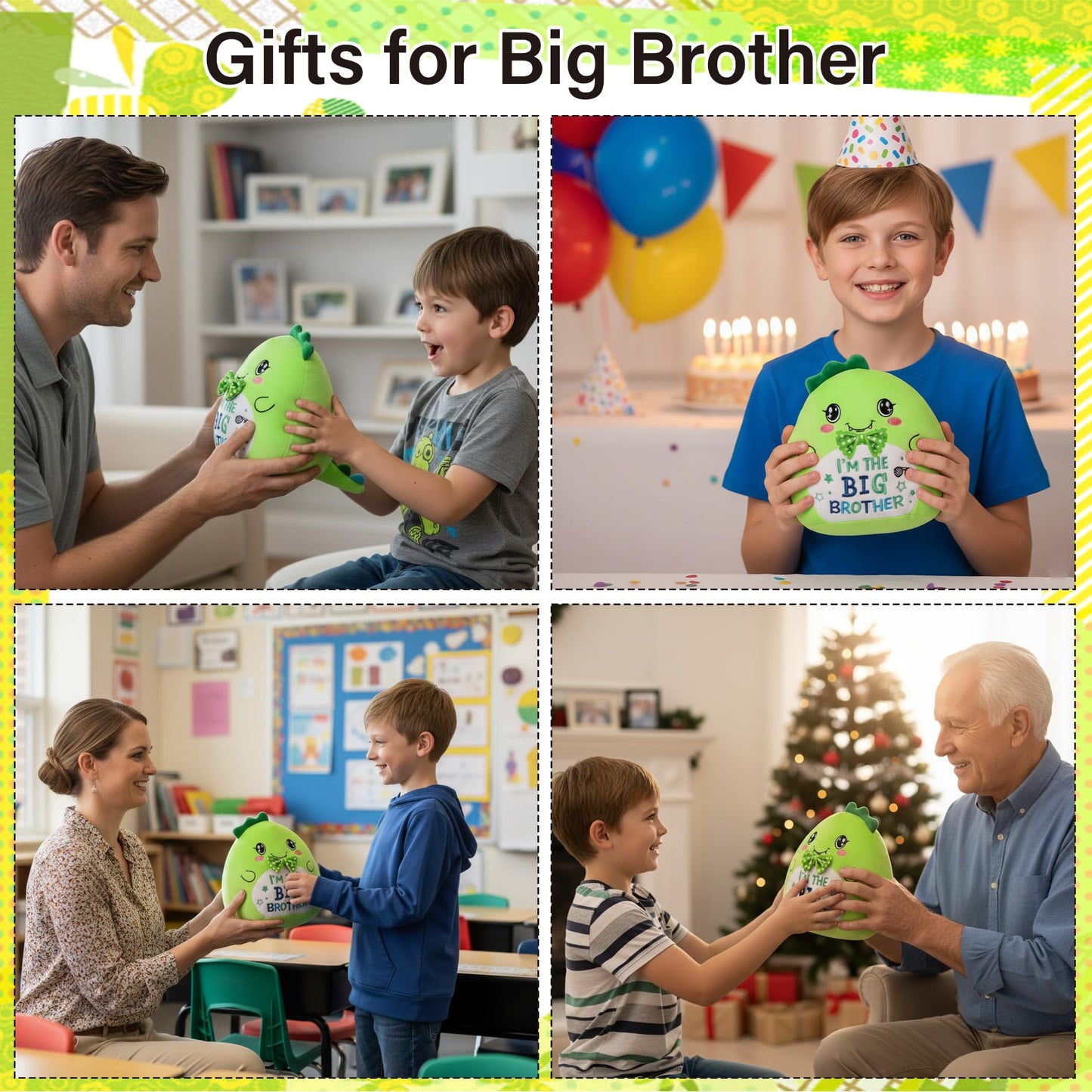 Big Brother Gift Dinosaur Plush - Dino Stuffed Animals with Long Tail Green Plush Realistic Dinosaur Toys Boy Birthday Gifts for Toddler Newborn First Valentine Gift for Kids 9 Inch