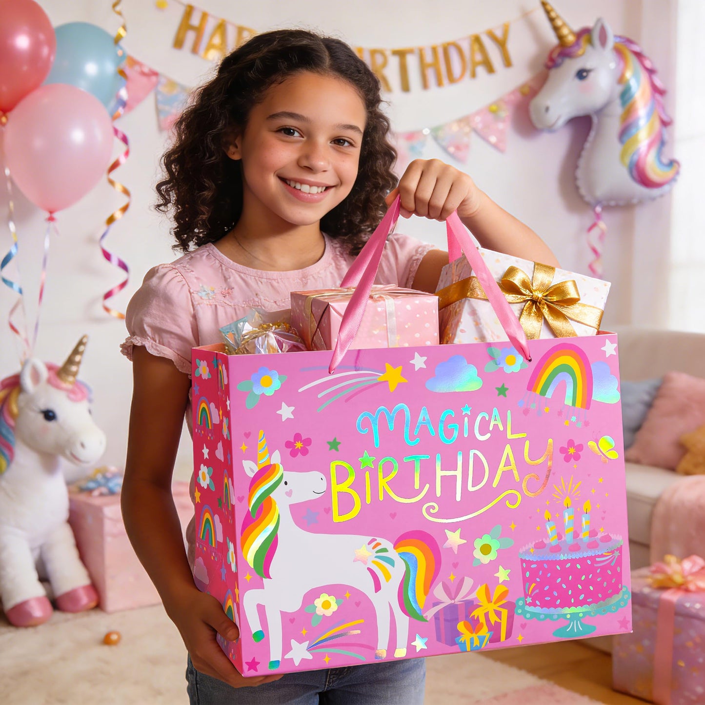 WRAPAHOLIC 13" Large Unicorn Birthday Gift Bag with Card and Tissue Paper - Rainbow Foil Unicorn Paper Bags for Baby Girl Shower and Birthday