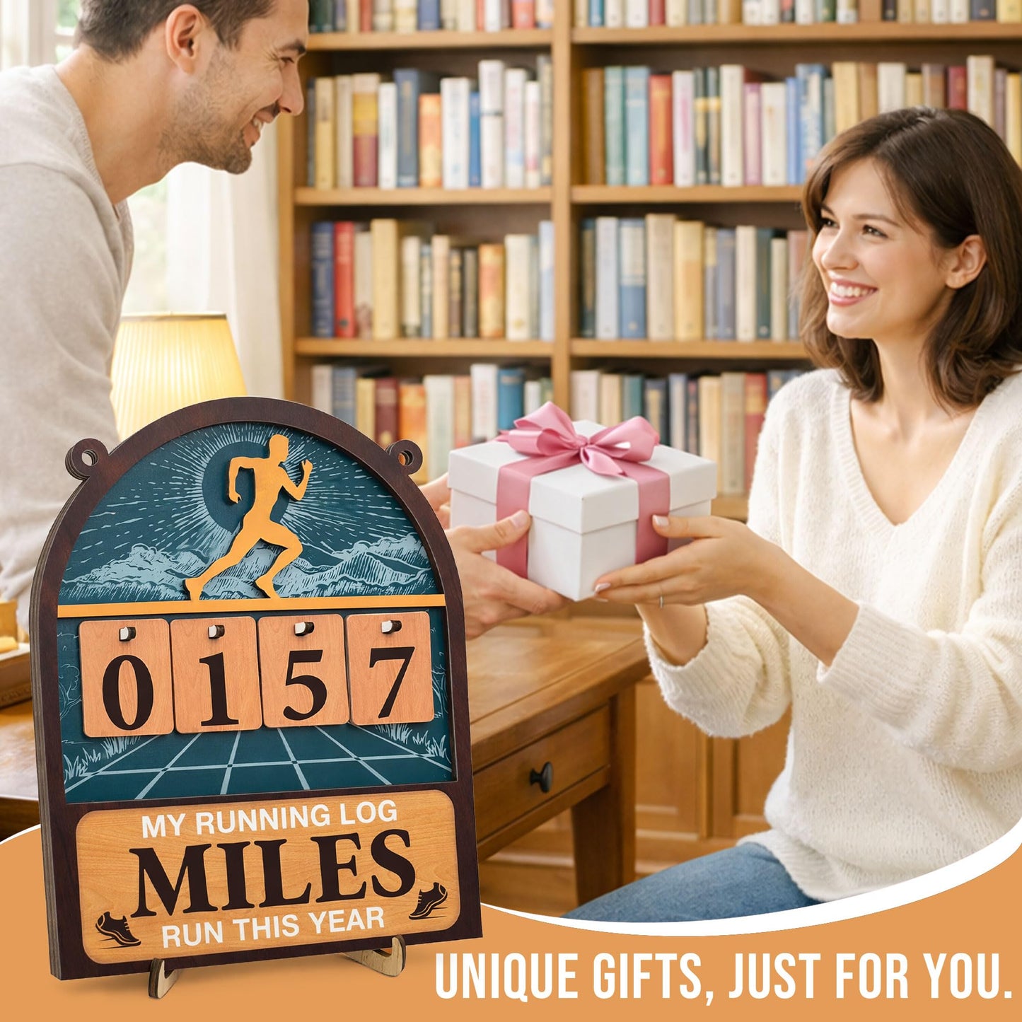 Miles Run This Year Tracker Sign - Wooden Yearly Running Log Counter Home Decor - Running Gifts for Women Men Runners, Marathon Runner Gifts