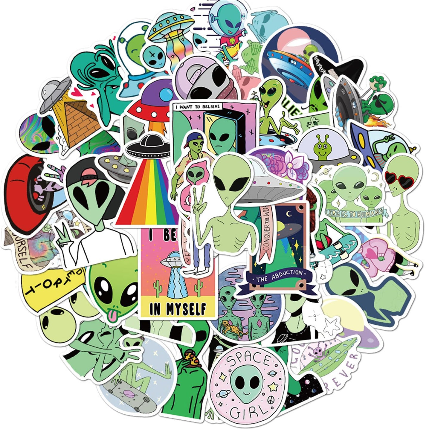 50 PCS Alien Sticker UFO Stickers for Teen, Vinyl Water Bottles Waterproof Sticker for Laptop Guitar Scrapbook Skateboard Stickers (Alien)