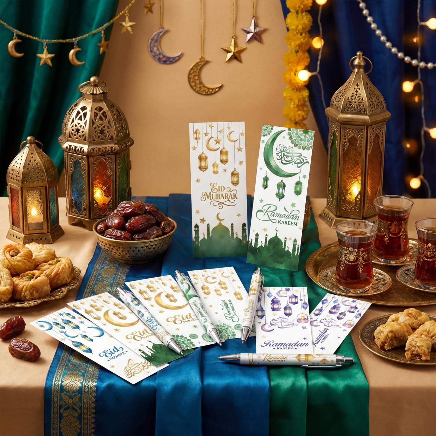 120 Pcs Ramadan Gifts Eid Mubarak Pens Bulk Include Retractable Ballpoint Pens Cards Greeting Gift Bags for Eid Party Favors Muslim Gifts Bulk Islamic Goody Bag Stuffers