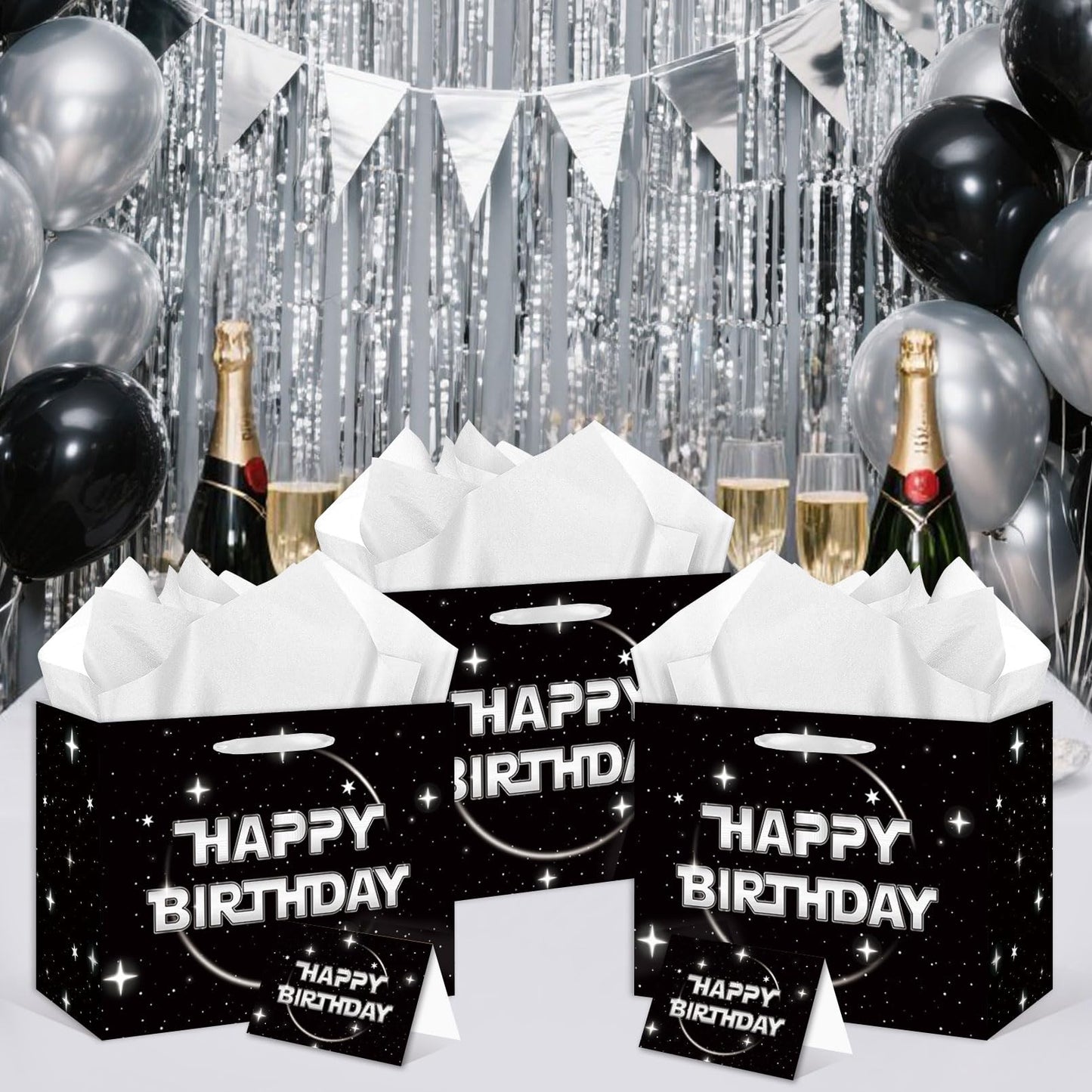 Anyangzhao Space Galaxy Birthday Gift Bag, Black Happy Birthday Gift Bag, with Greeting Card and Tissue Paper, Galaxy Party Favors Bag for Kids, Boys, Baby Shower, Star Theme Party Supplies