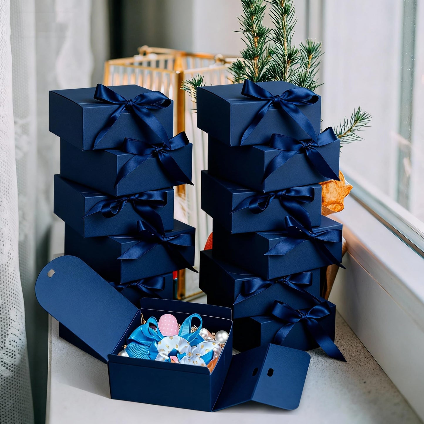 WLUSEAXI 12pack Small Gift Boxes with Lids for Presents, 4.5''x4.5''x2'' Blue Gift Boxes with Ribbons, Party Boxes for Packaging Wedding, Present, Birthday, Holiday, Galentine's Day(Blue)