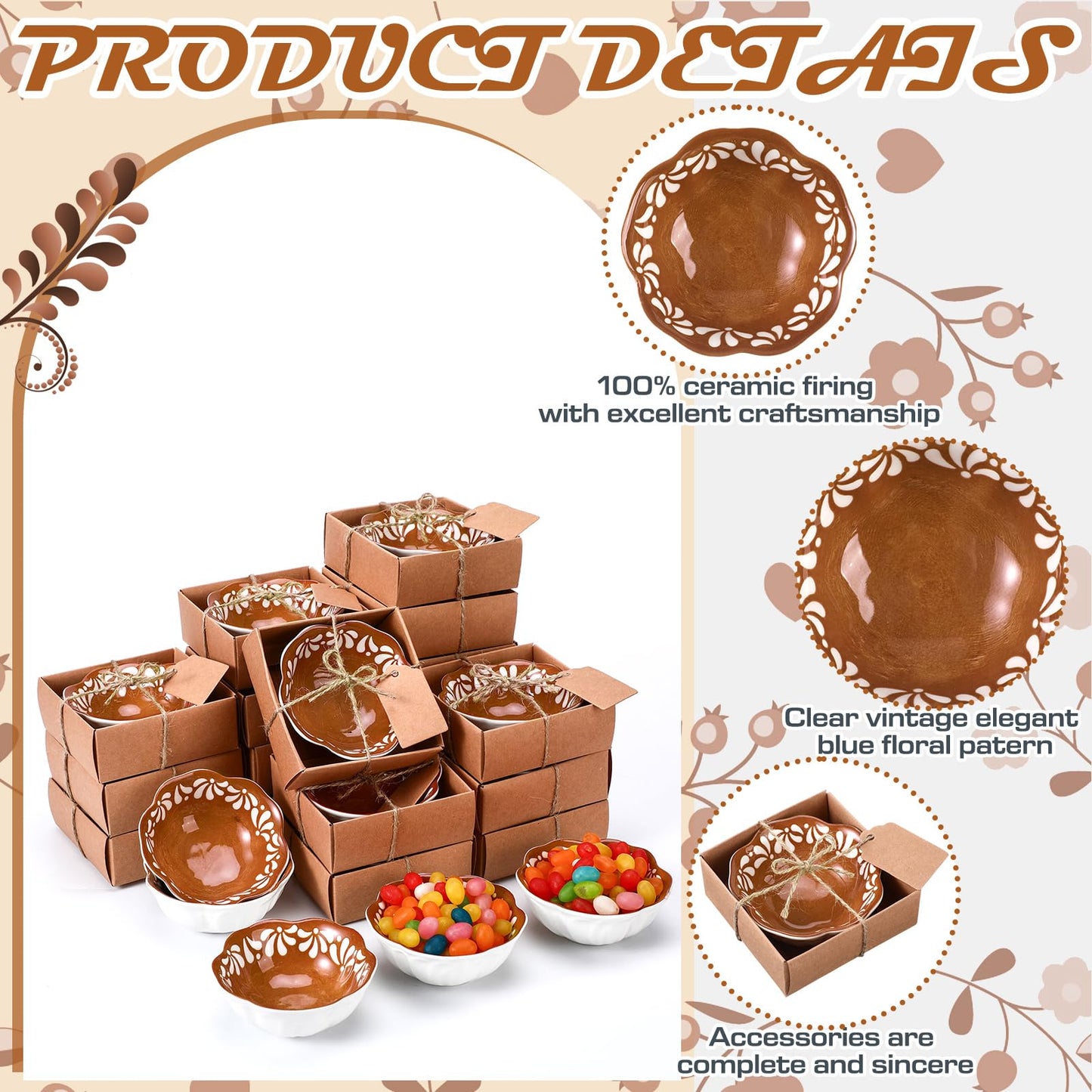 SiliFine 12 Pcs Ceramic Pinch Bowl 3.3 Inch Cielito Lindo Party Favors for Guests Small Mexicanos Ceramic Dipping Bowls Bulk Gifts with Cards for Party Shower Favor (Floar,Brown)