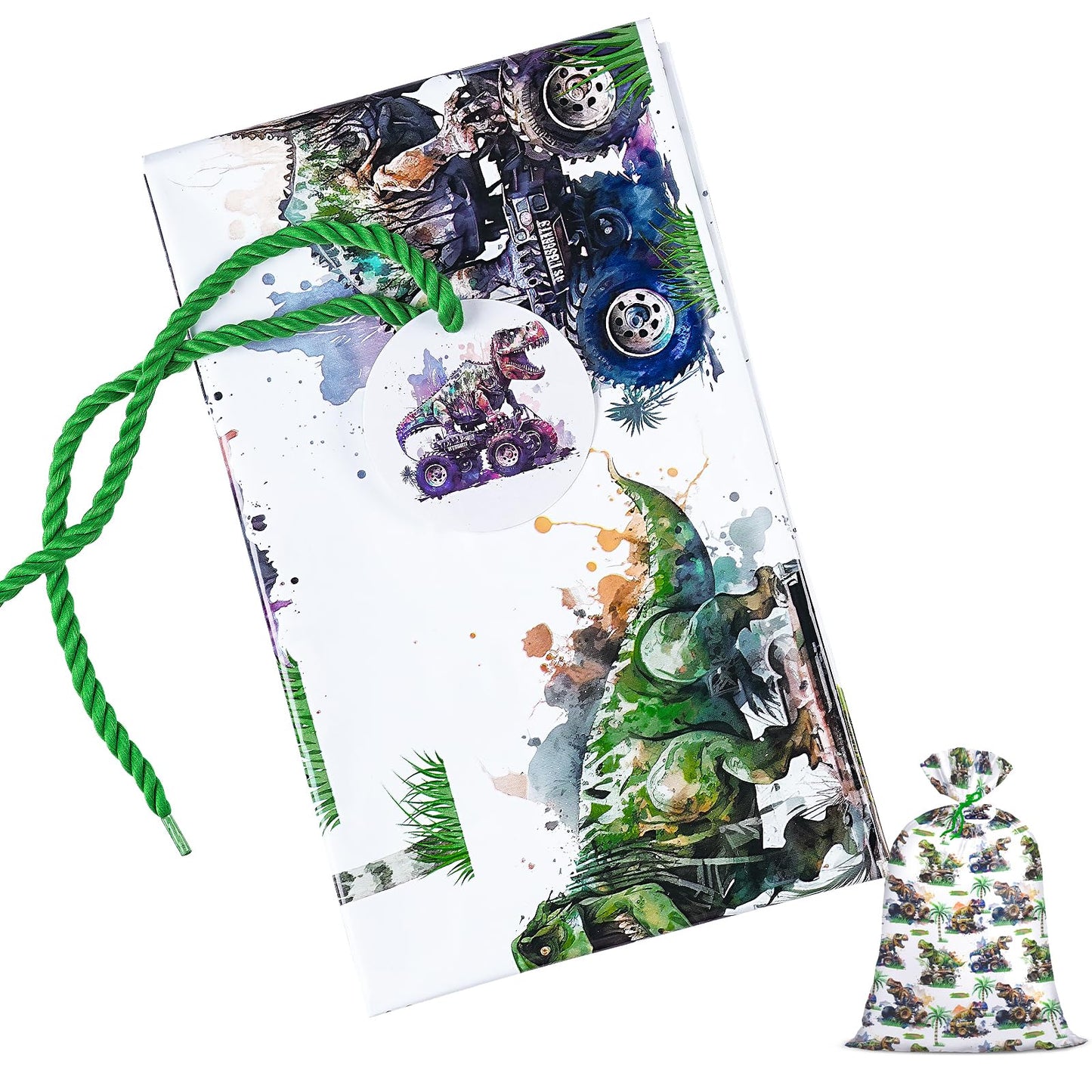 Loveinside Jumbo Large Plastic Gift Bag, Dinosaur with Tropical Monster Truck Design Design Plastic Bag with Tag and Tie for Boys' Birthday Party Gifts and Celebration - 56" x 36", 1 Pcs
