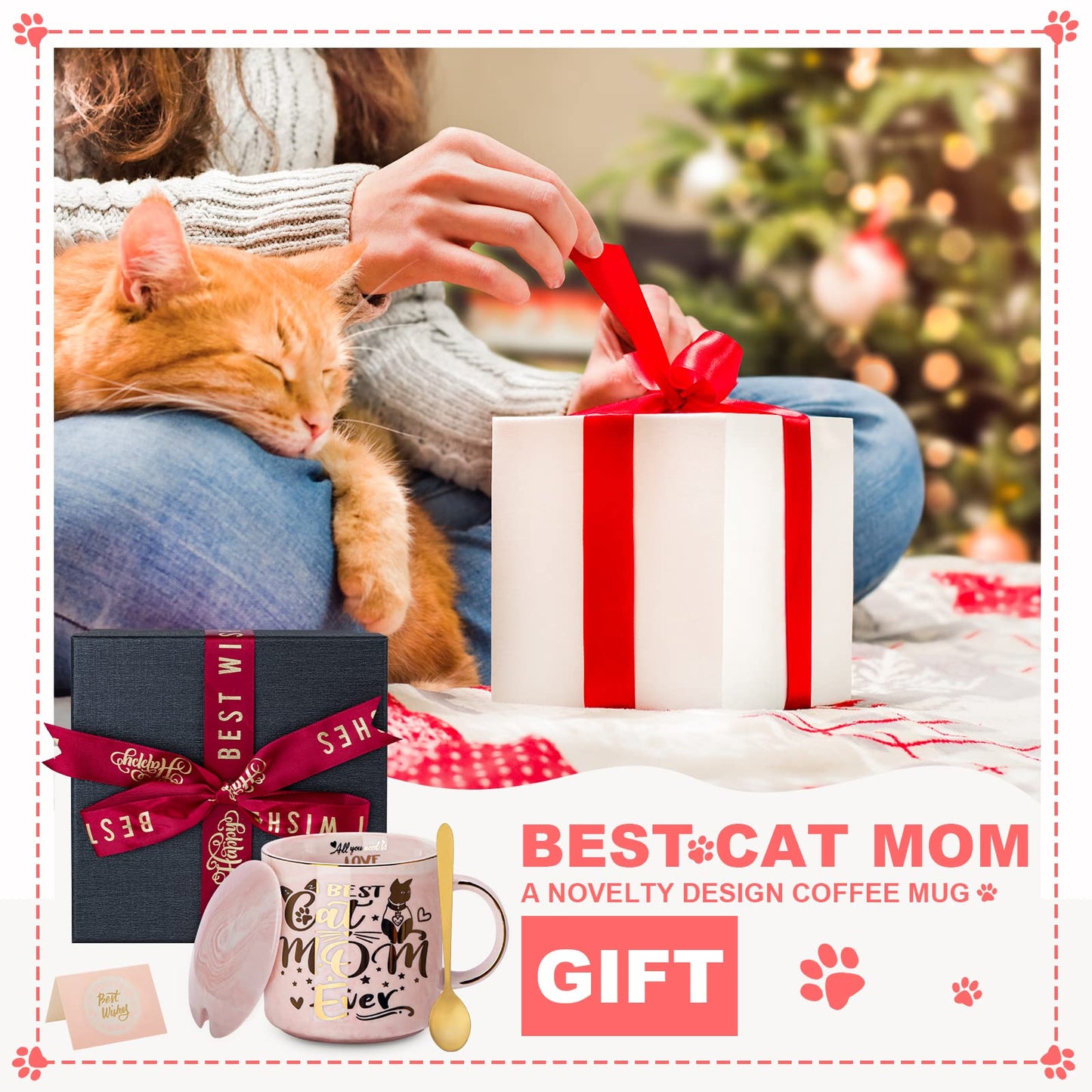 Cat Mom Gifts for Women, Cat Gifts for Cat Lovers - Best Cat Mom Ever - 14oz Pink Ceramic Marble Gold Pattern Coffee Mug with Gift Box, Christmas gifts for Crazy Cat Lady, Mom Wife Daughter Friends