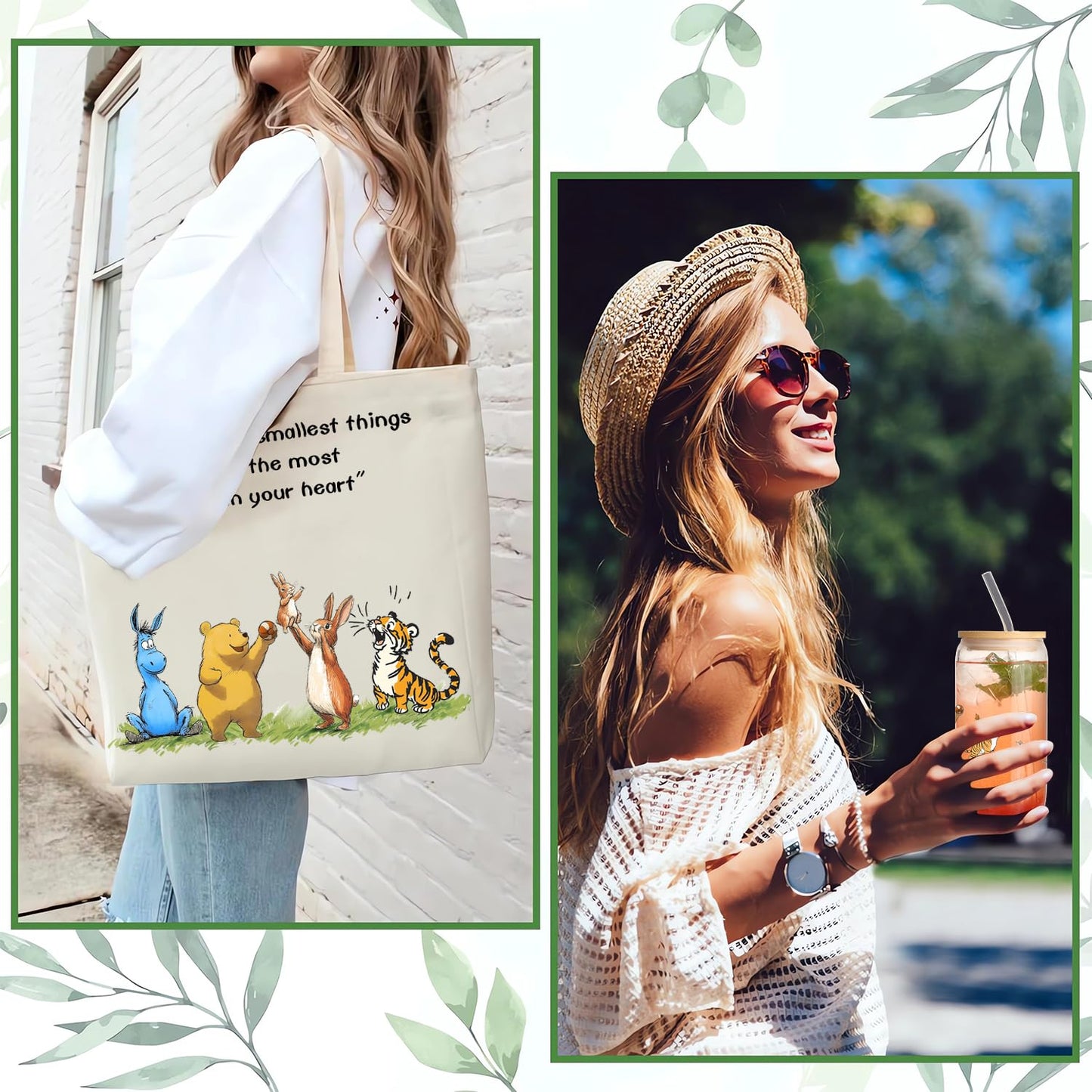 Cute Bear Gifts for Women, Canvas Tote Bag & 16 oz Iced Coffee Glass Cup Set, Birthday Gifts for Best Friends Bear Lovers