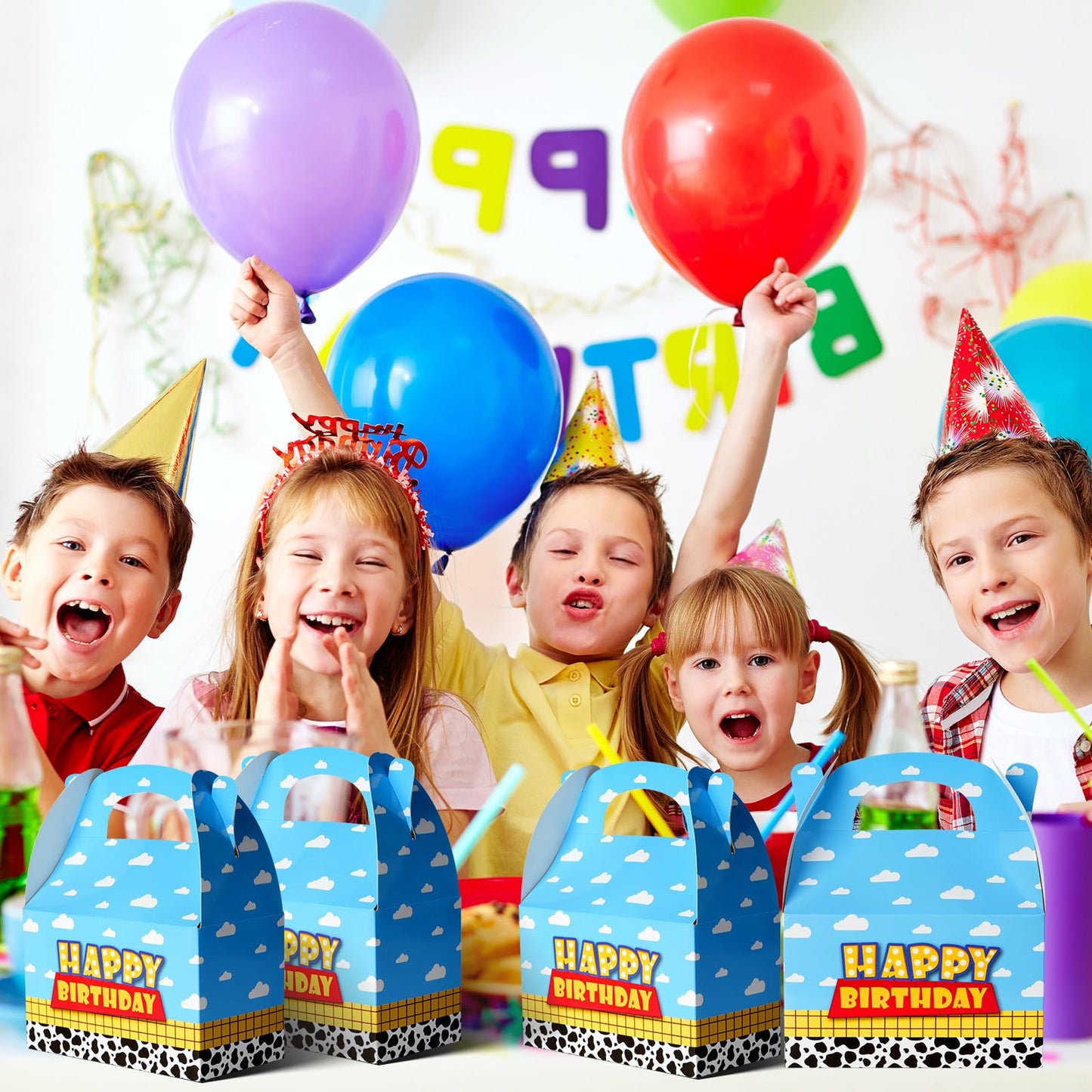 Ragnhild 16 Pcs Cartoon Story Birthday Party Favor Boxes, Cow Pattern Birthday Goodie Box Party Supplies, Blue Sky White Cloud Kraft Paper Gift Boxes for Kids Decorations
