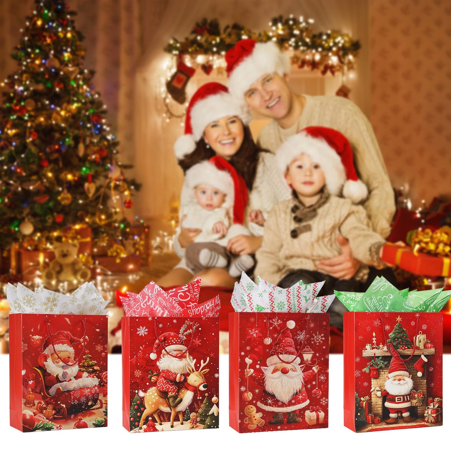 Rusikia 12 Christmas Gift Bags with 12 Tissues and 1 Satin Ribbon, Red Party Favor Bags Bulk with Handles, Glittery Cute Tree Father Christmas Paper Bag for Wrapping Holiday (Large 16"x12"x5")