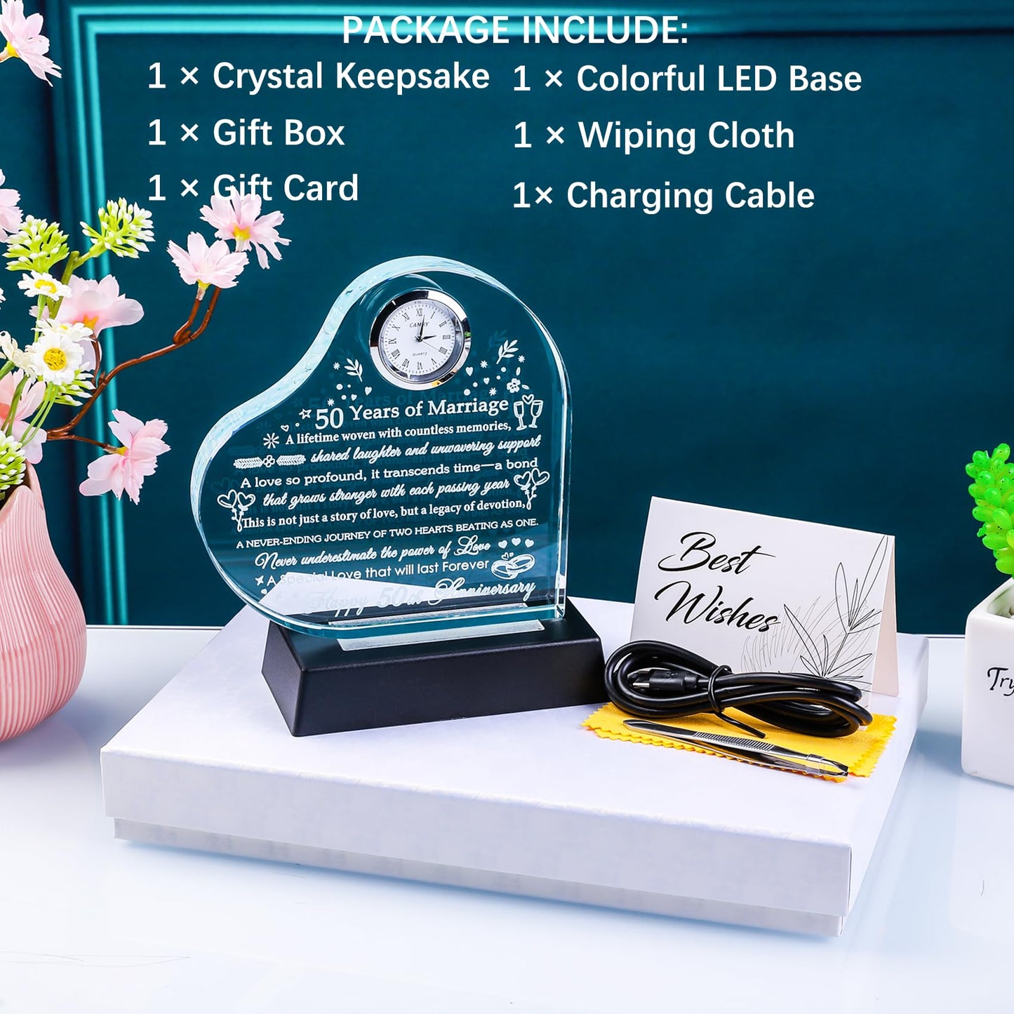 YWHL 50th Anniversary Heart Gifts for Couple 50th Wedding Anniversary Crystal Gifts for Wife Husband with Colorful LED Base Romantic 50 Years of Marriage Gift for Her Him (Battery not Included)