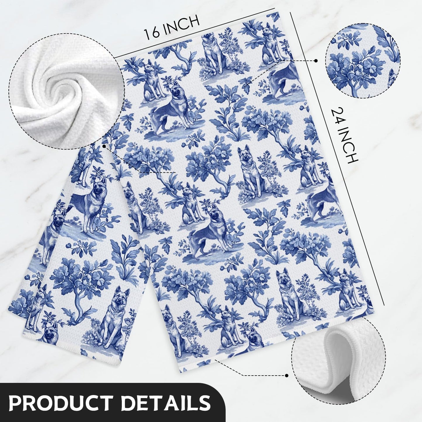 German Shepherd Kitchen Towels, Chinoiserie Blue and White German Shepherd Gifts for Dog Lover Mom, German Shepherd Dish Tea Towels for Kitchen Decor, Grand Millenial Dog Bathroom Decor,16x24 Inch