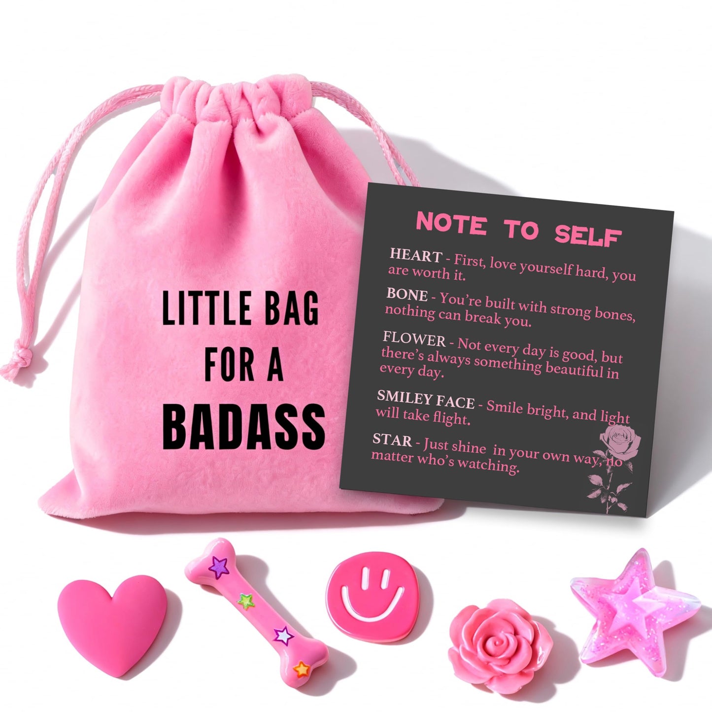 Badass Affirmation Card Gift with 5 Symbolic Charms, Daily Motivational and Inspirational Gift for Women, Friends, Coworkers, Ideal for Encouragement, Self Care, Birthday & Special Occasions (1, Pink)
