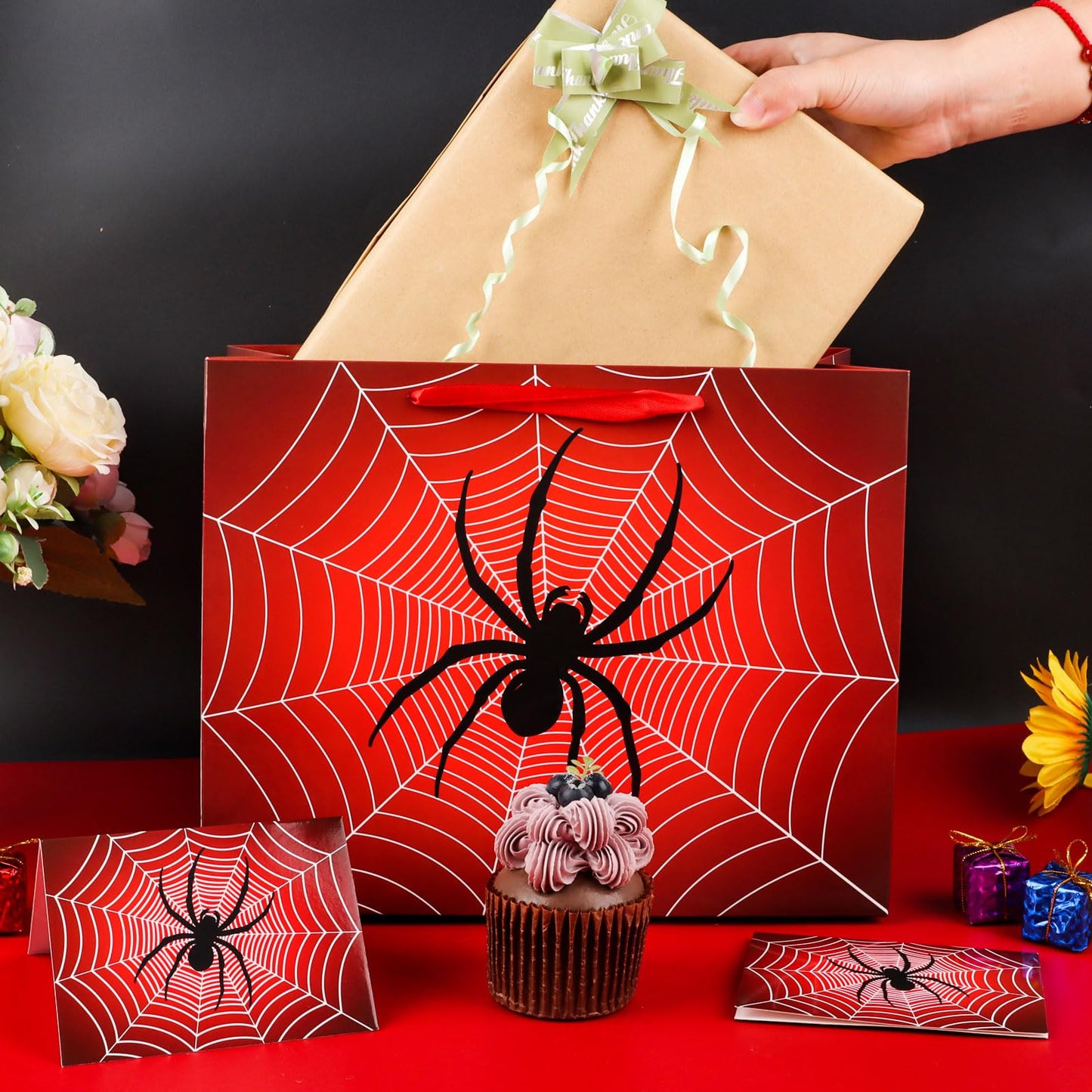 Abilat Large Spider Gift Bag with Tissue Paper and Greeting Card Red Spider Web Birthday Party Favor Wrapping Bag for Boys Men Valentine Halloween Party Decorations