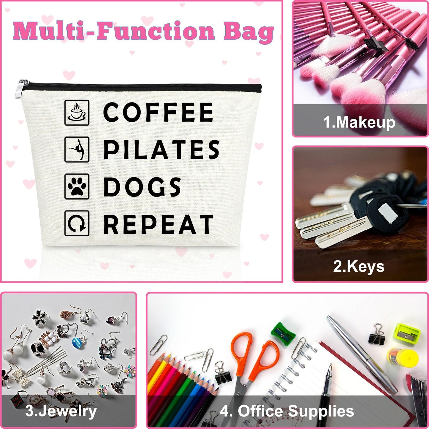 Mxrymvu Coffee Lover Gifts Makeup Bag Pilates Lover Gift Travel Bag Pilates Gifts for Women Birthday Zipper Pouch Funny Dog Lover Gifts New Pet Owner Gifts Coffee Pilates Dogs Repeat Cosmetic Bag