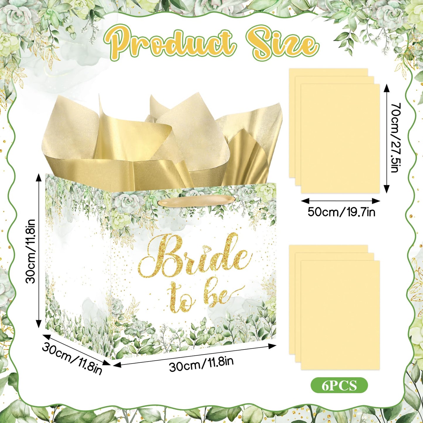 Woosytoo Large Bridal Shower Square Gift Bags Sage Green Bride Gift Bag with Tissue Paper Bridal Wrapping Paper Bachelorette Engagement Wedding Shower Favor Bag for Bride to Be Party Decoration