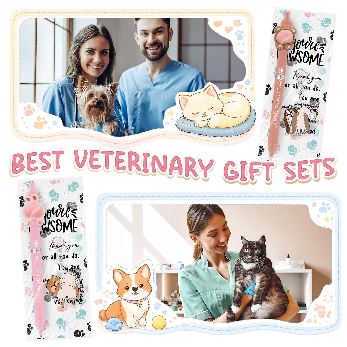 Sayglossy 30 Set Veterinary Assistant Gifts Pens Sets Graduation Vet Tech Appreciation Gifts Animals Pens Keychains Bookmark Thank You Gift Bulk for Veterinary Technician, Nurse, Pet Lover