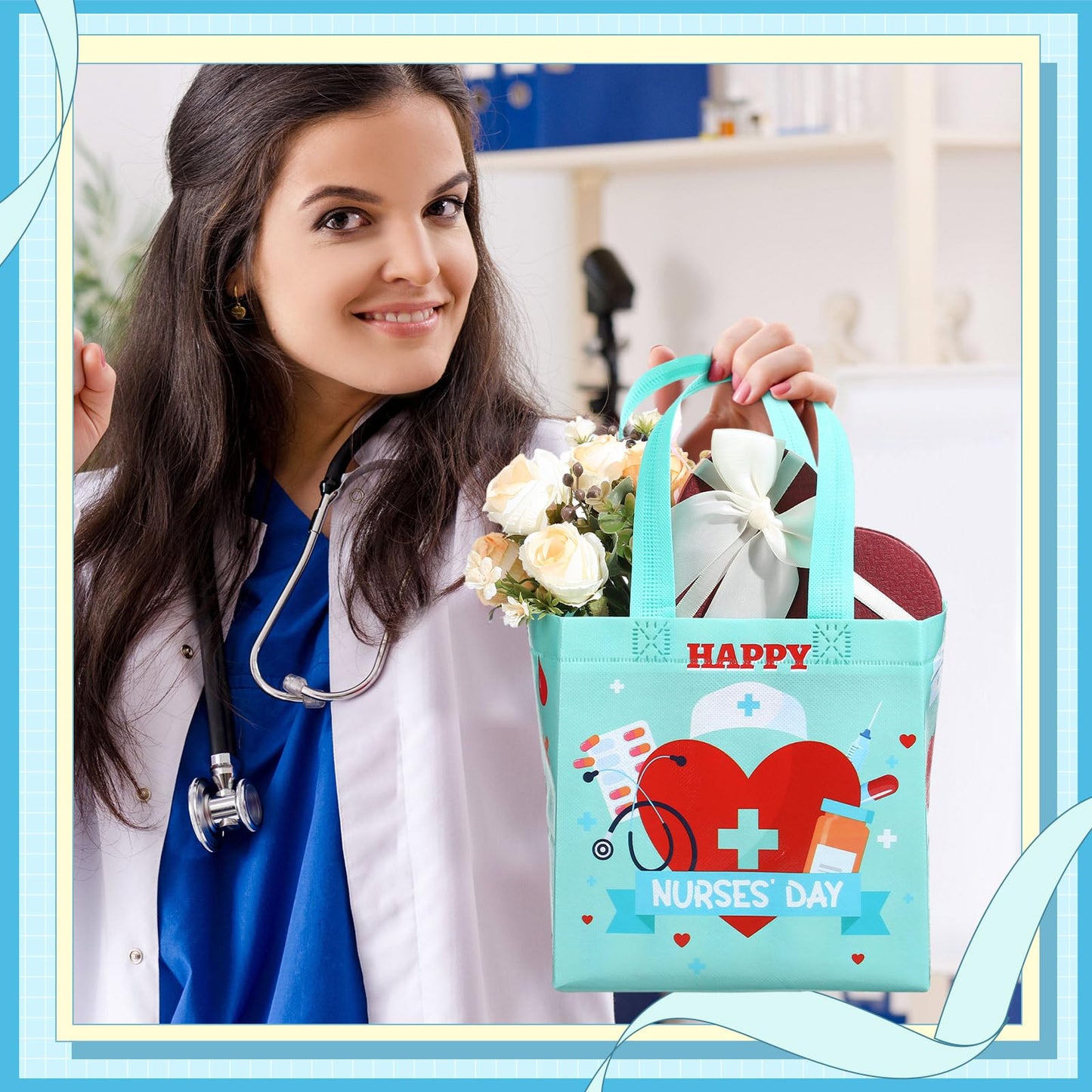SiliFine 48 Pcs Nurse Appreciation Gifts Bags Thank You Nurses Non Woven Tote Medical Assistant Goodie Bags with Handles for Nurses' Day Party Supplies Graduation Decorations, 8 x 6 x 8 Inches
